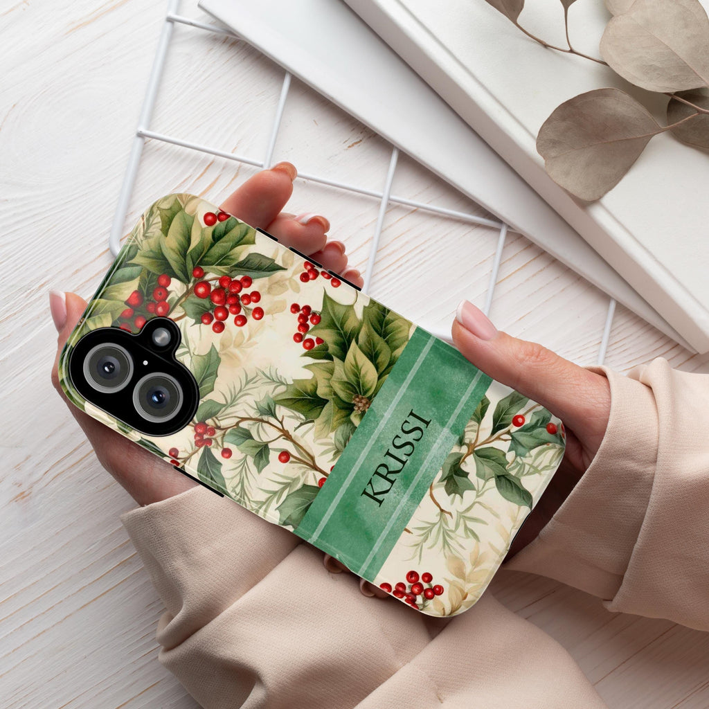 Personalized Xmas Phone Case Holiday Holly Phone Case, Custom Winter Phone Cover for iPhone 16 15 14 13  Pro Max Plus/Samsung S25, 107.2