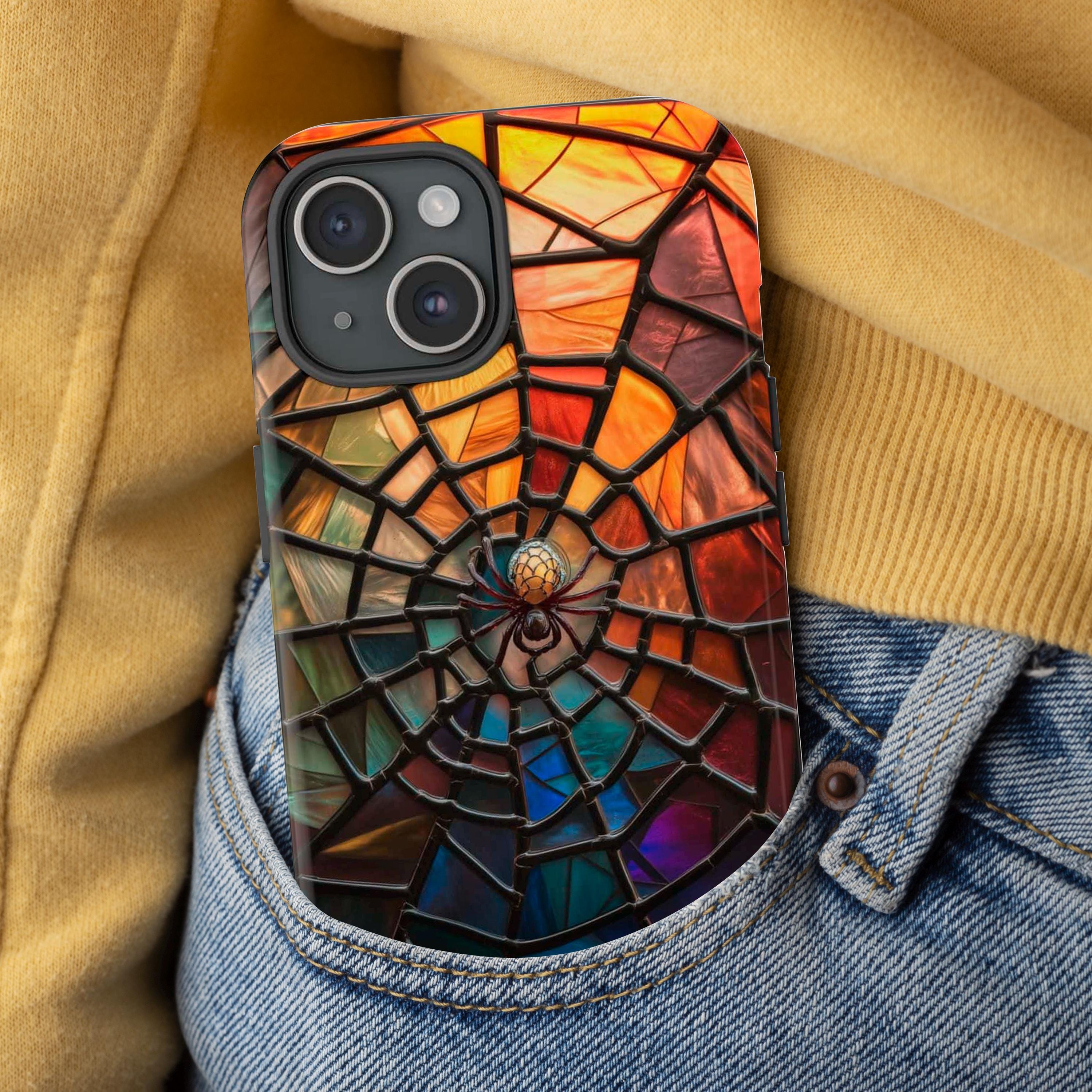 Halloween Phone Case Spiderweb Faux Stained Glass Spooky Cobweb Phone Cover for iPhone 16 15 14 13 12 Pro Max Plus/Samsung Galaxy, Best Gift