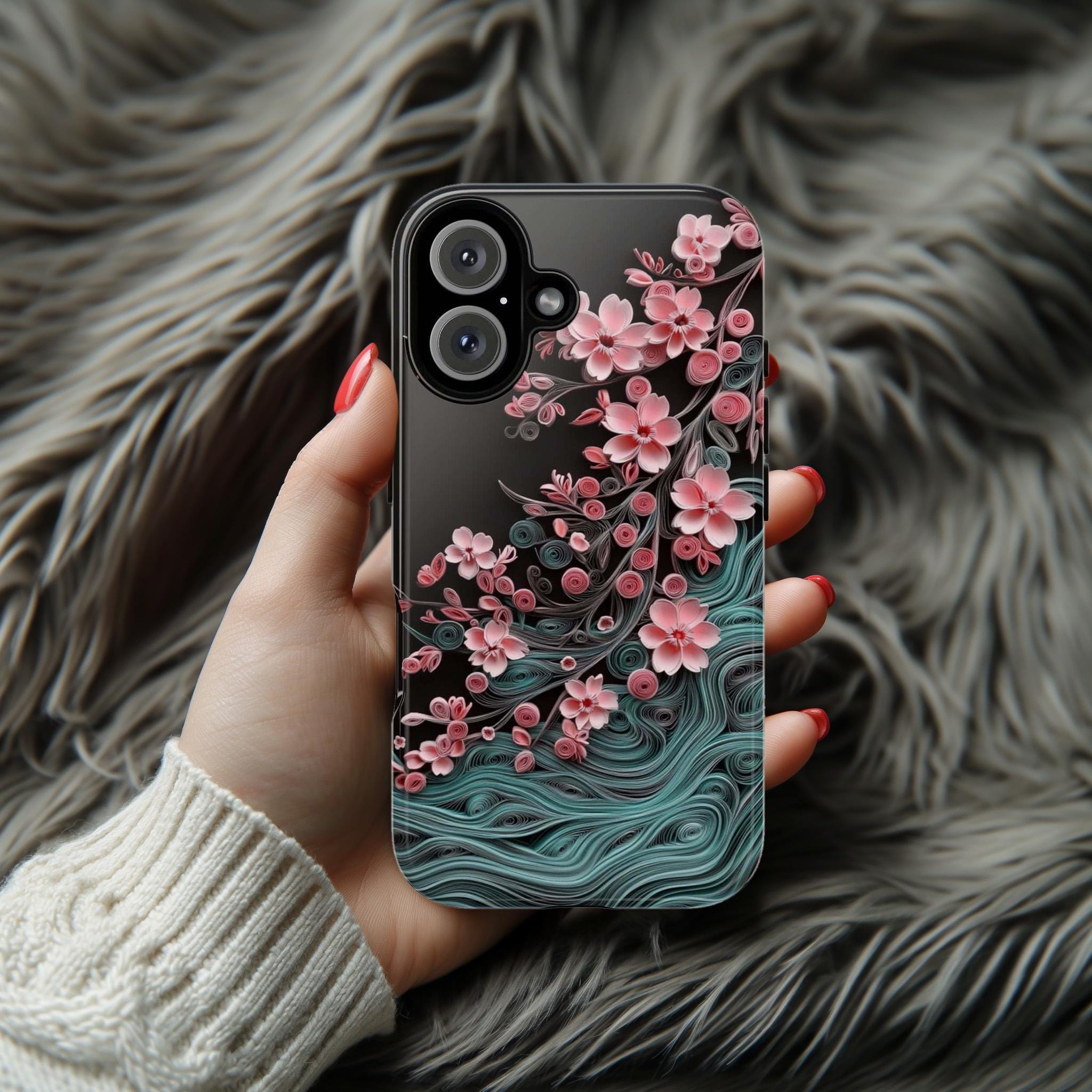 Pink Cherry Blossom Wave Phone Case, Floral Japanese Style Art, Sakura Flower for iPhone 16 15 14 Tough or Magsafe, Samsung S25, 469.9