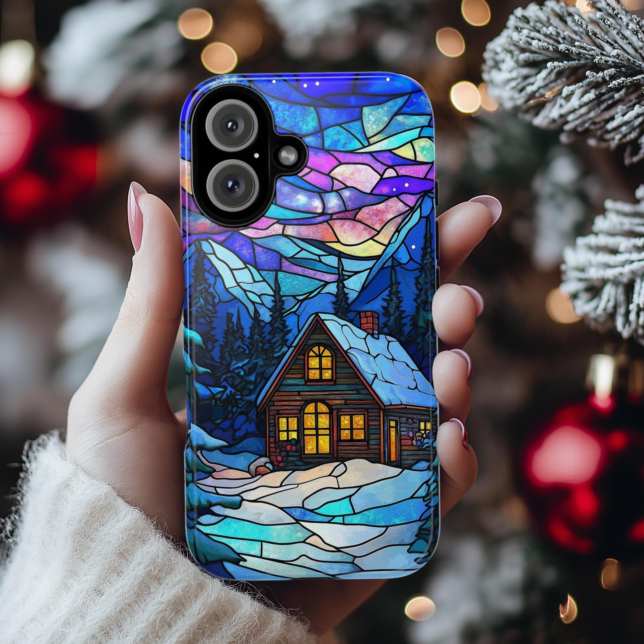 Winter Fairytale Stained Glass Landscape Phone Case, Christmas Holiday Phone Cover for iPhone 15 14 13 12 Pro Max Plus, Galaxy S25, 417.1