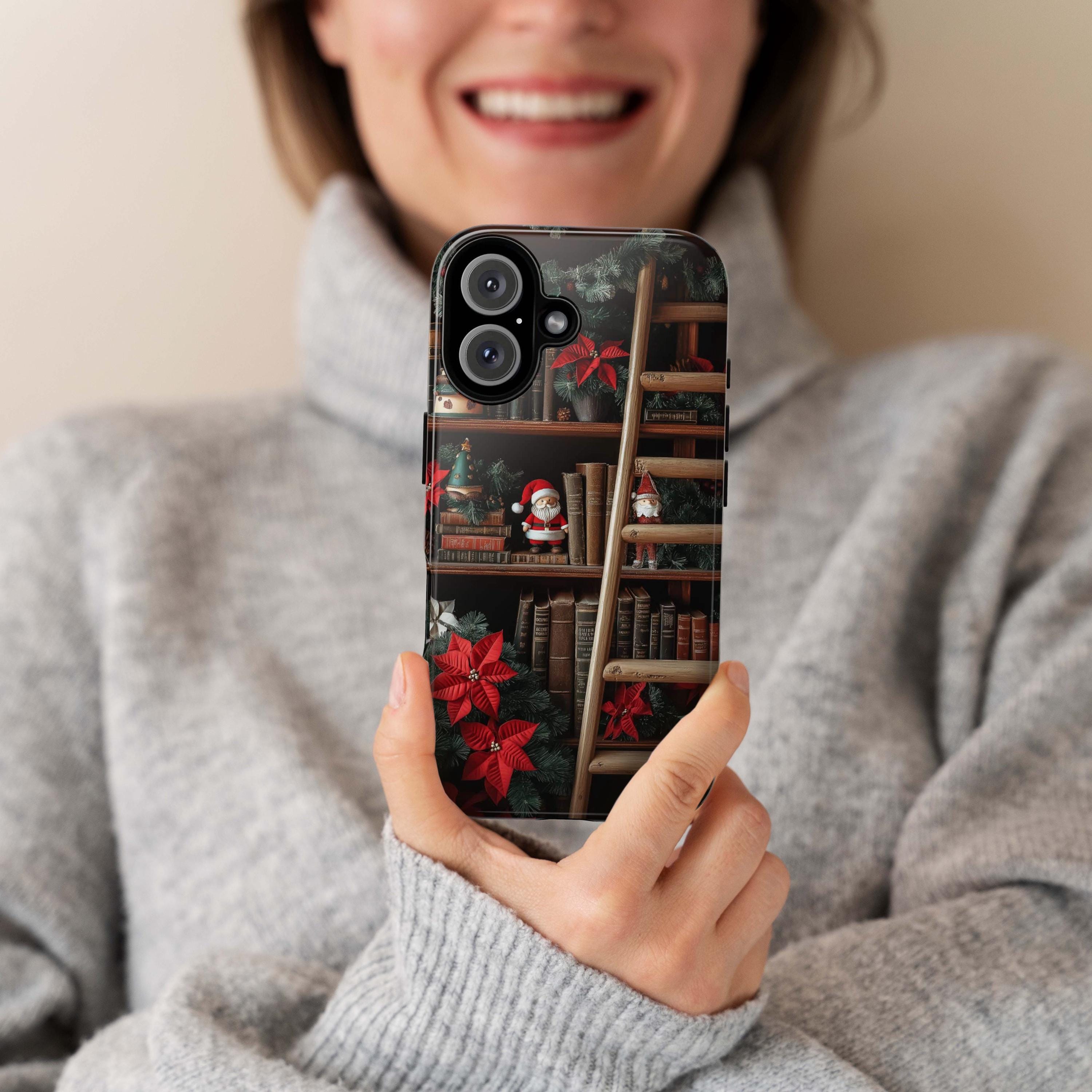 Vintage Bookshelf Phone Case with Festive Santa and Poinsettias for iPhone 16 Pro Max 15 14 13 Plus, Samsung S24, Christmas Case, 423.11