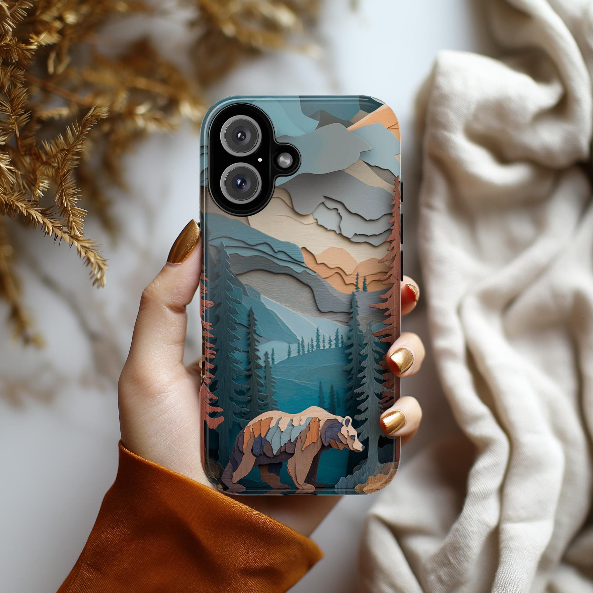 Forest Phone Case with Bear Design, Wildlife Woodland Art for Outdoor Lovers for iPhone 16 15 14 13 Tough or Magsafe, Samsung, 470.17