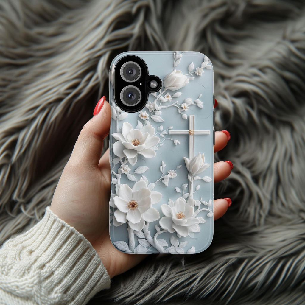 Christian White Cross Floral Phone Case, Elegant Faith Art Cover, Charm Floral Case iPhone 16 15 14 13 Tough or Magsafe, Samsung S25, 472.6
