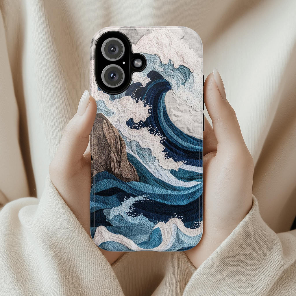 Ocean Waves Embroidery 3D Phone Case, Cozy Marine Life Design, Fine Art Aesthetic Phone Case for iPhone 16 15 14 13 / Samsung S24, 453.5