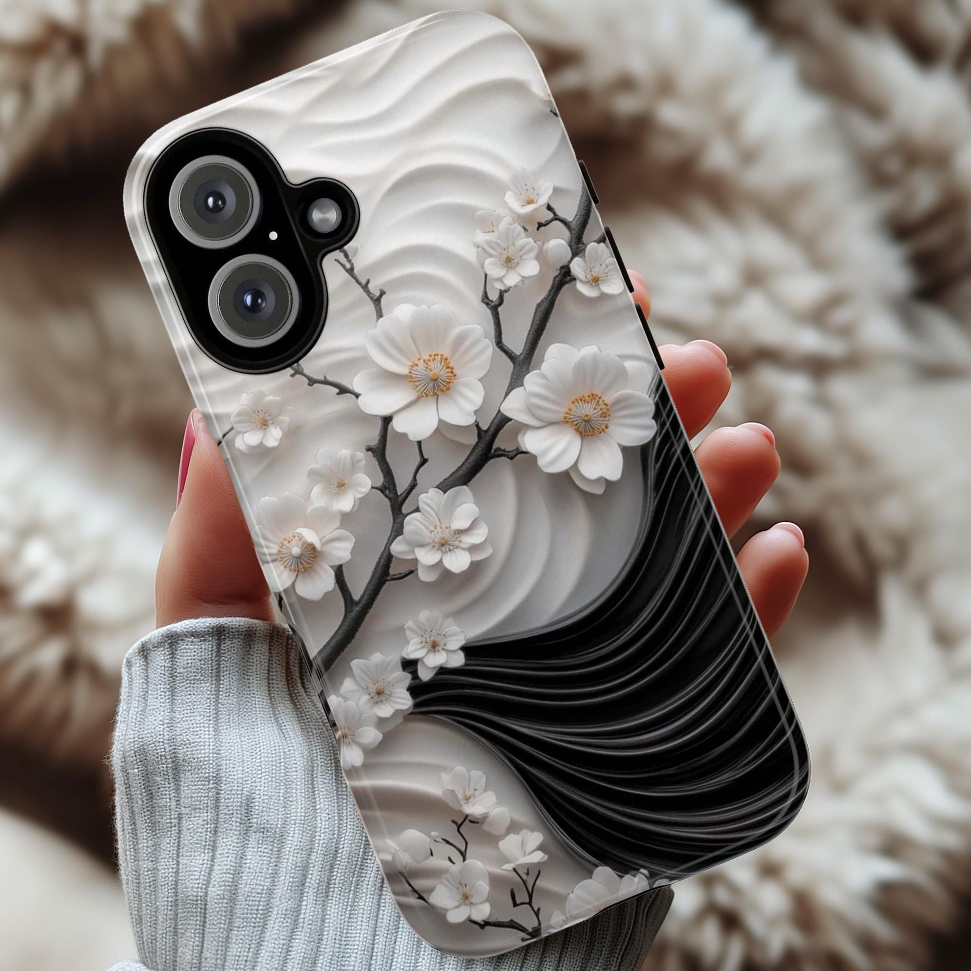 Cherry Blossom 3D Elegant Phone Case, Black White Japanese Art Cover, Floral Sakura Case for iPhone 16 15 14 13, Samsung S25, 469.1