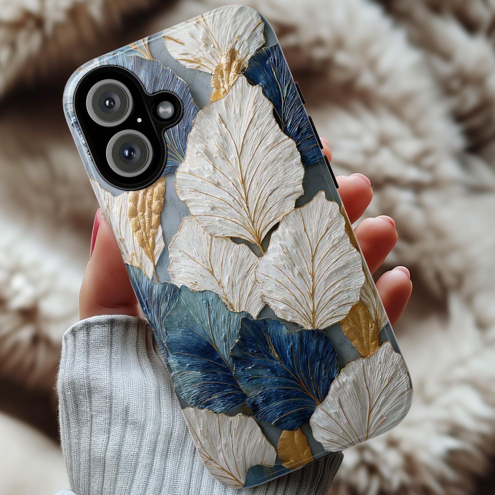Rustic Leaves Phone Case with 3D Painted Effect, White & Blue Nature Artistic Botanical Cover for iPhone Tough or Magsafe, Samsung, 476.21