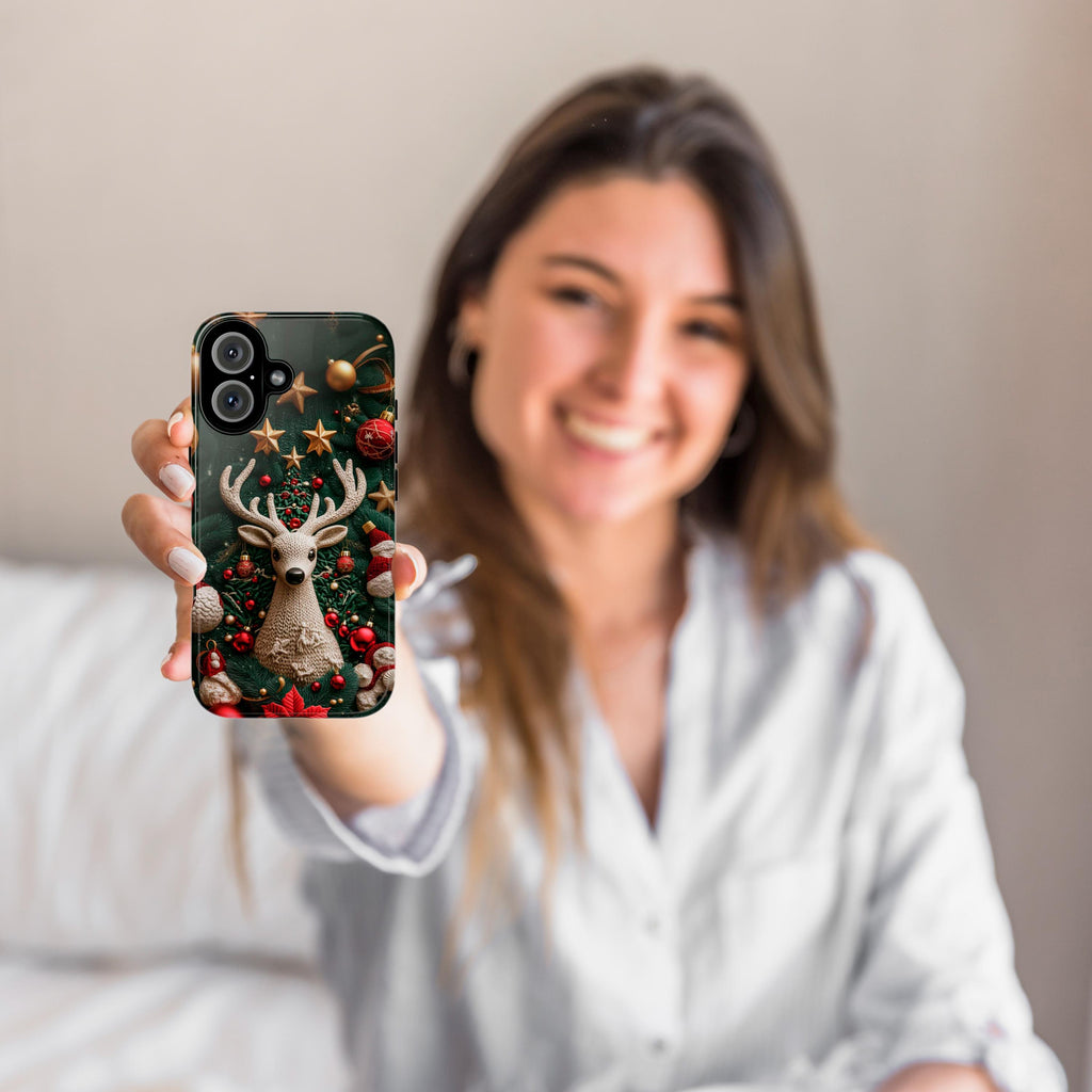 3D Knitted Christmas Reindeer Phone Case, Festive Knit Effect Holiday Design, Christmas Ornaments Mobile Cover, Protective Xmas Gift, 443.2
