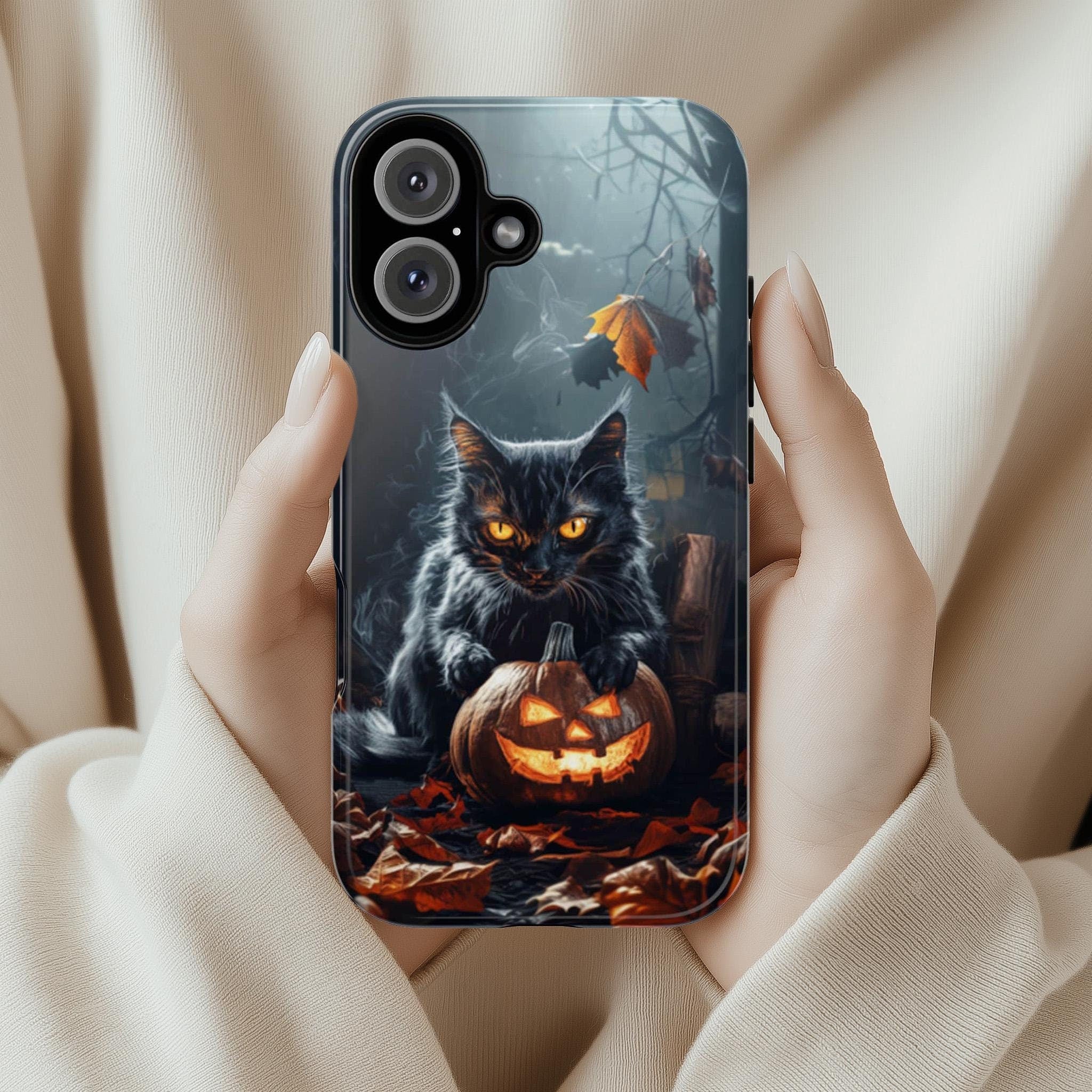 Black Cat and Pumpkin in Dark Night Phone Case, Halloween Lover Gift for iPhone 16 Pro Max 15 14 13 Plus, Samsung S25 ultra, 425.1