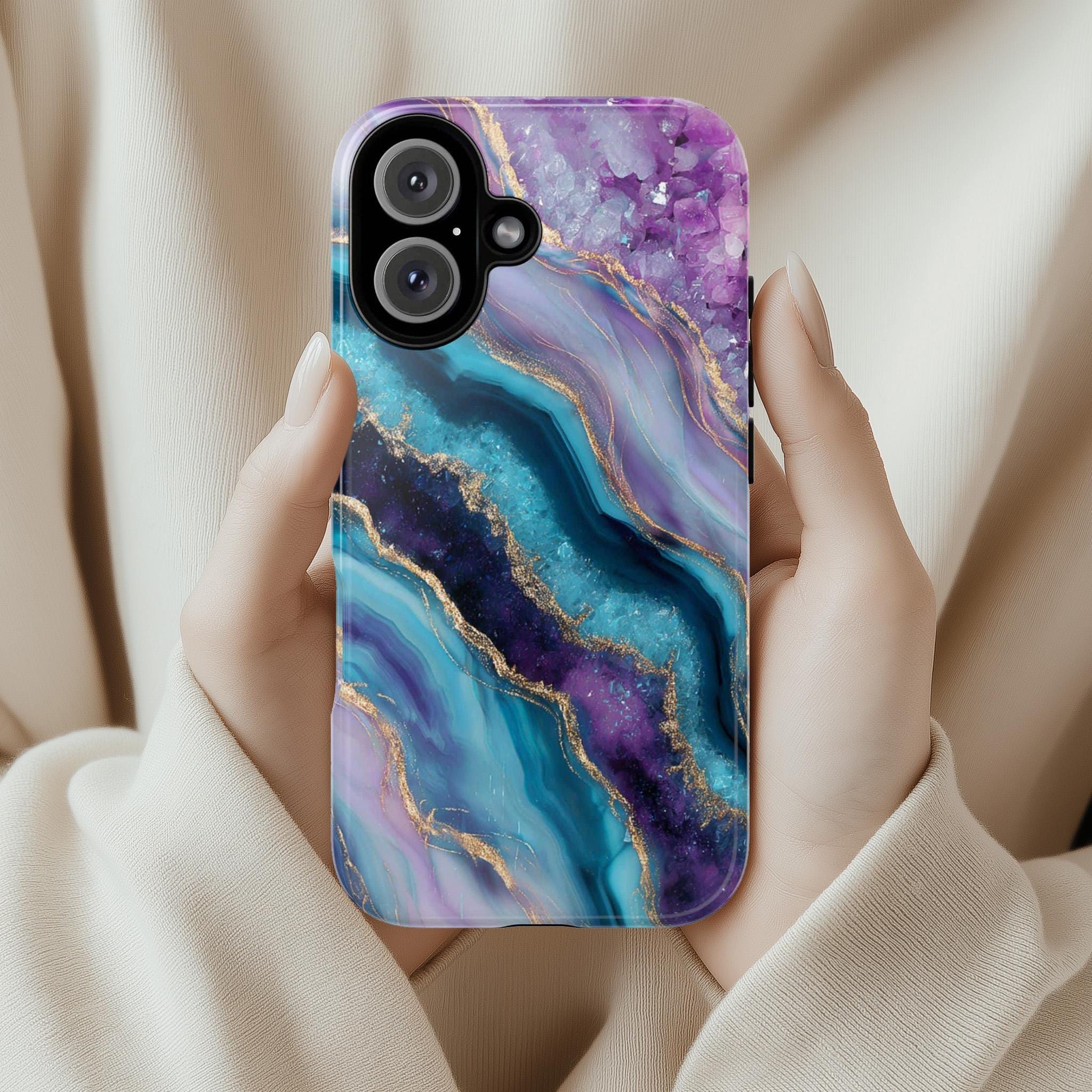 Crystal Wave Phone Case, Artistic Blue, Emerald & Pink Abstract Design Cover for iPhone 16 15 14 13 Tough or Magsafe, Samsung, 479.1