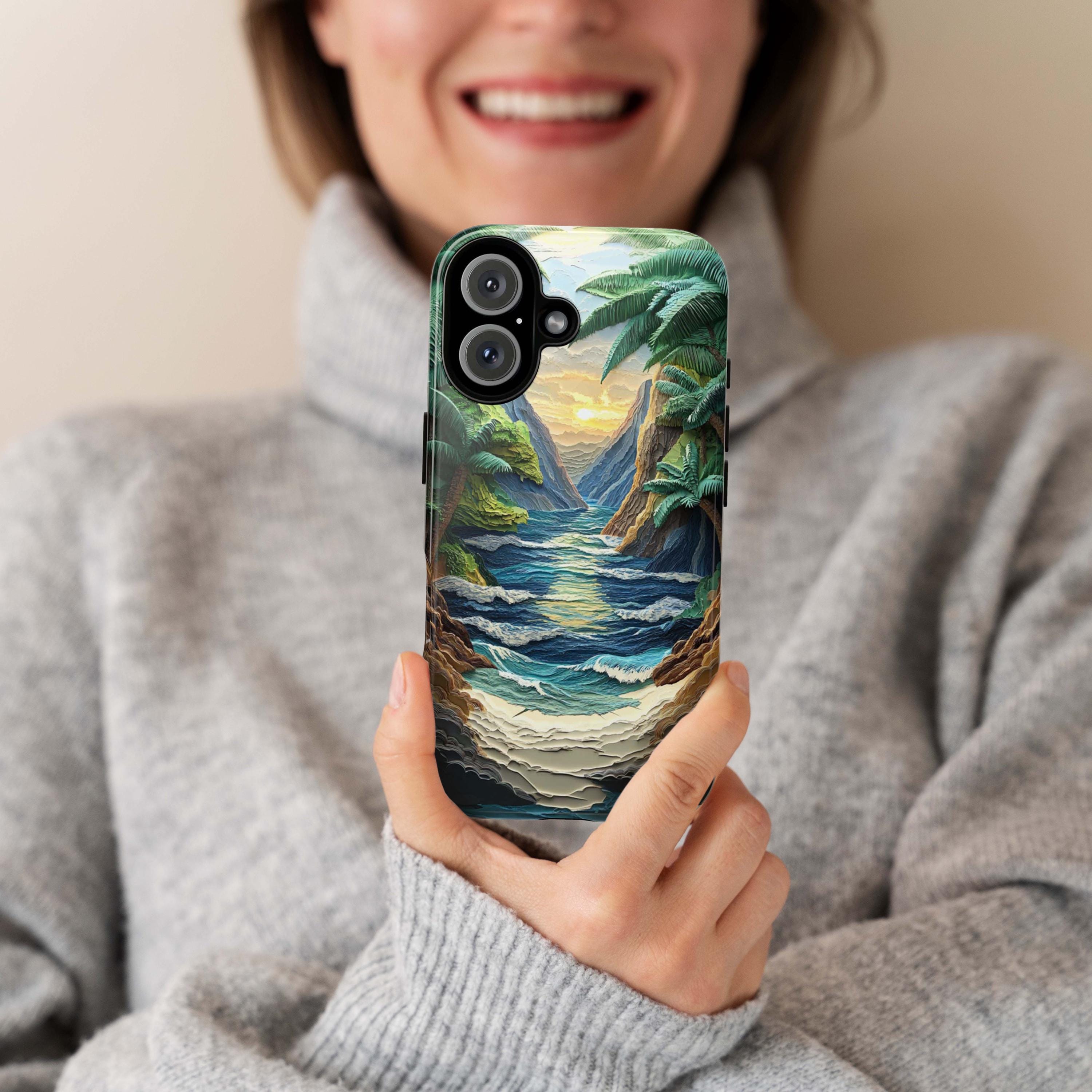 Mountain & Beach Wave Phone Case, 3D Paper Style Design, Layered Nature Landscape Cover for iPhone 16 15 Tough or Magsafe, Samsung, 470.5