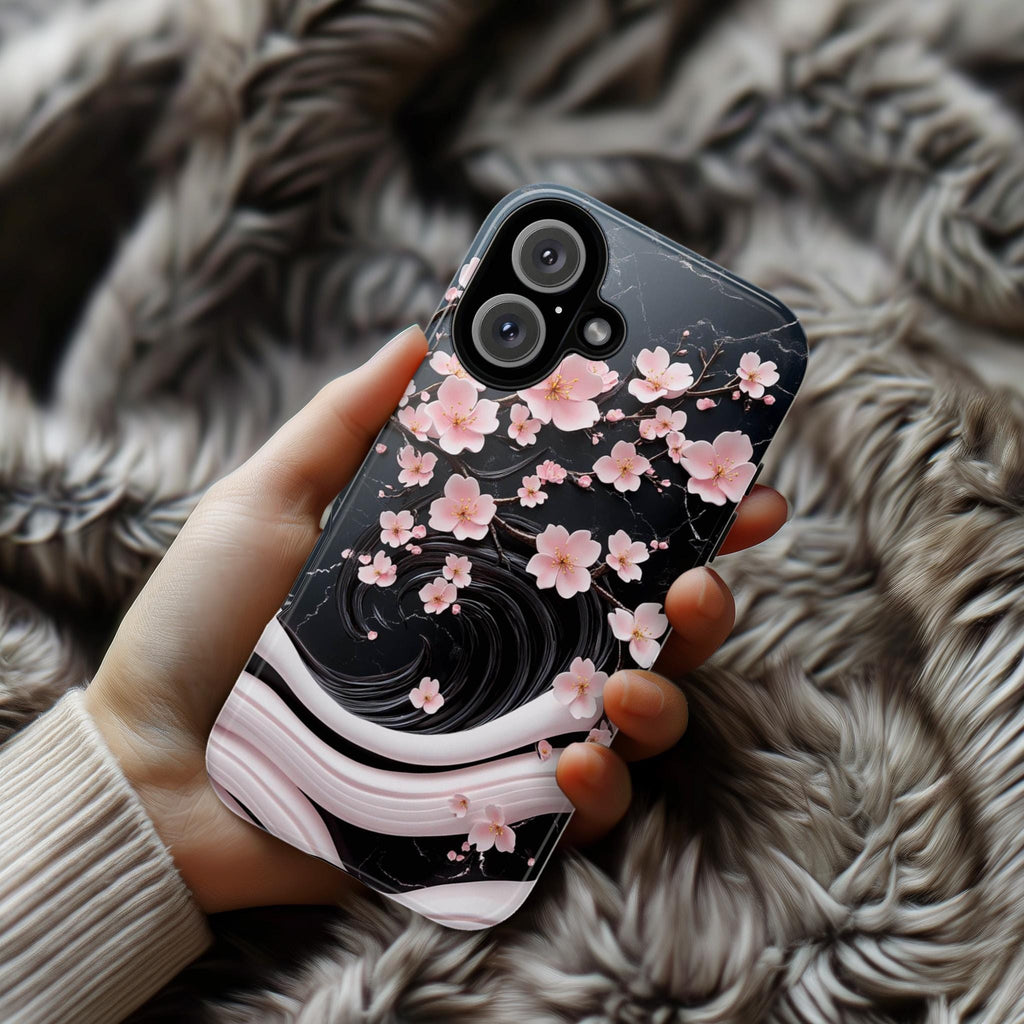 Pink Cherry Blossom 3D Elegant Phone Case, Black Pink Japanese Art Cover, Floral Sakura Case for iPhone 16 15 14 Magsafe, Samsung S25, 469.5