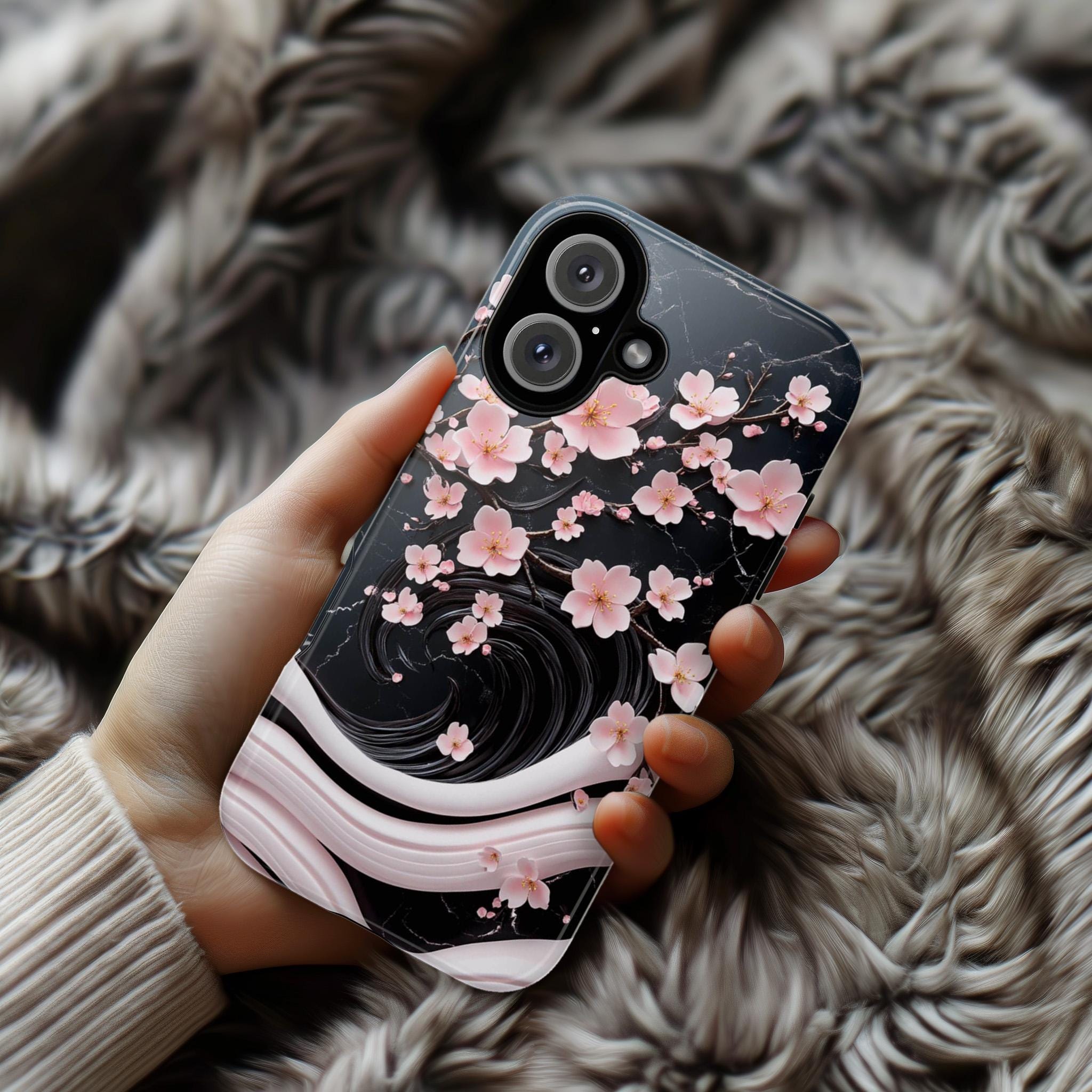 Pink Cherry Blossom 3D Elegant Phone Case, Black Pink Japanese Art Cover, Floral Sakura Case for iPhone 16 15 14 Magsafe, Samsung S25, 469.5