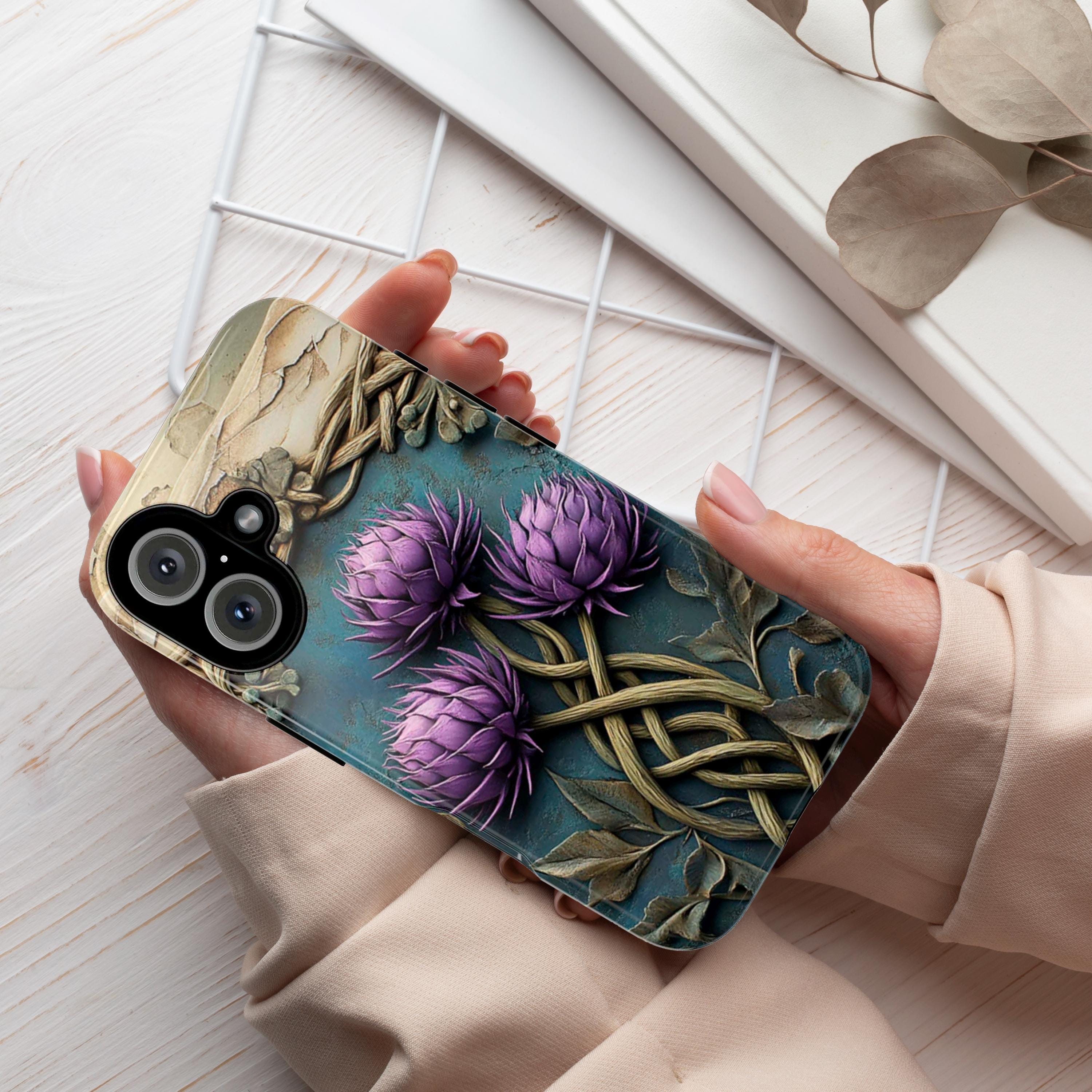 Celtic Thistle Phone Case, Rustic 3D Style Purple Flower Design, Nature Celtic Cover for iPhone 16 15 Tough or Magsafe, Samsung S25, 439.48