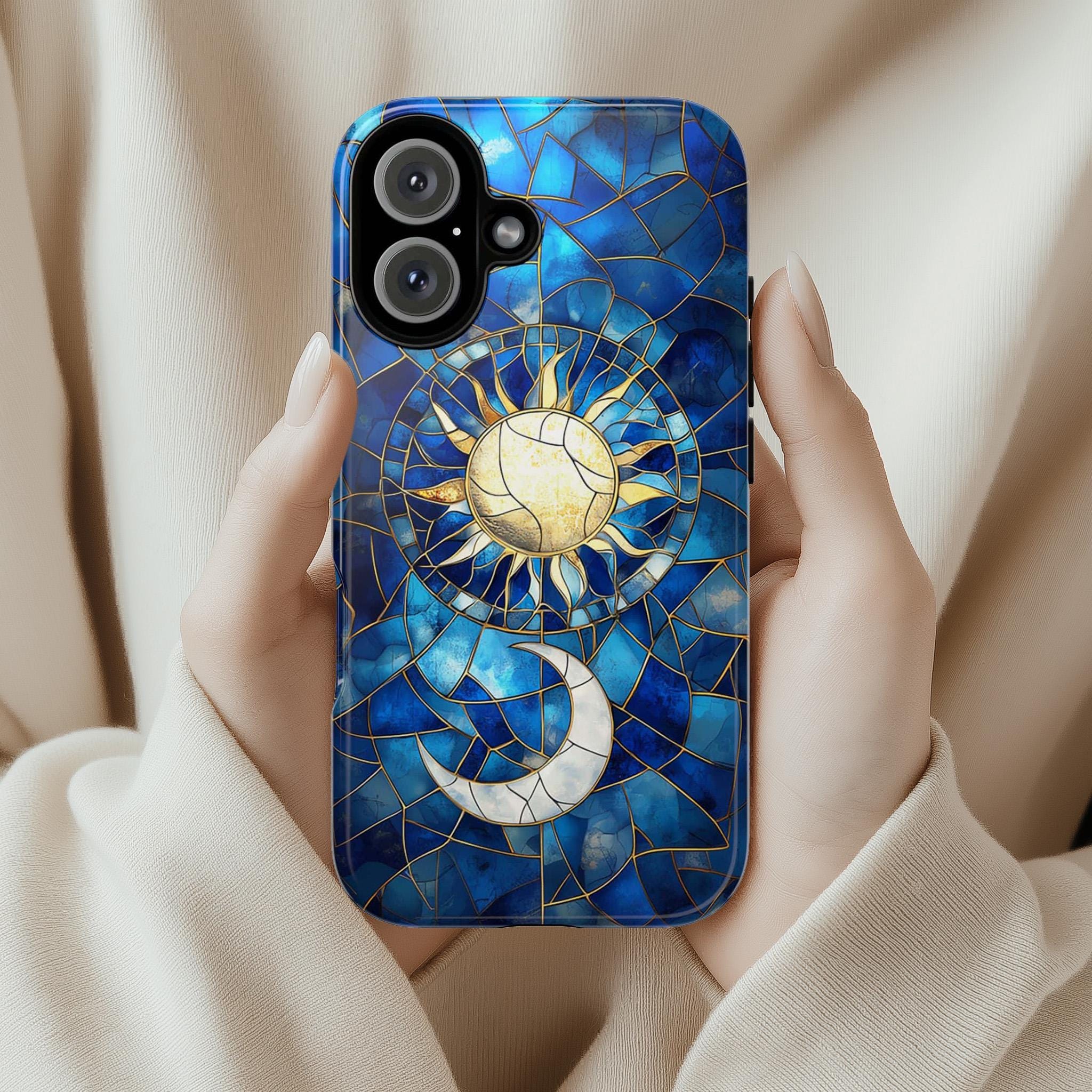 Celestial Moon & Sun Stained Glass Phone Case | Aesthetic Mystic Design for iPhone 16 Pro Max 15 14 13 Plus Mag Safe, Samsung S24 Ultra S23