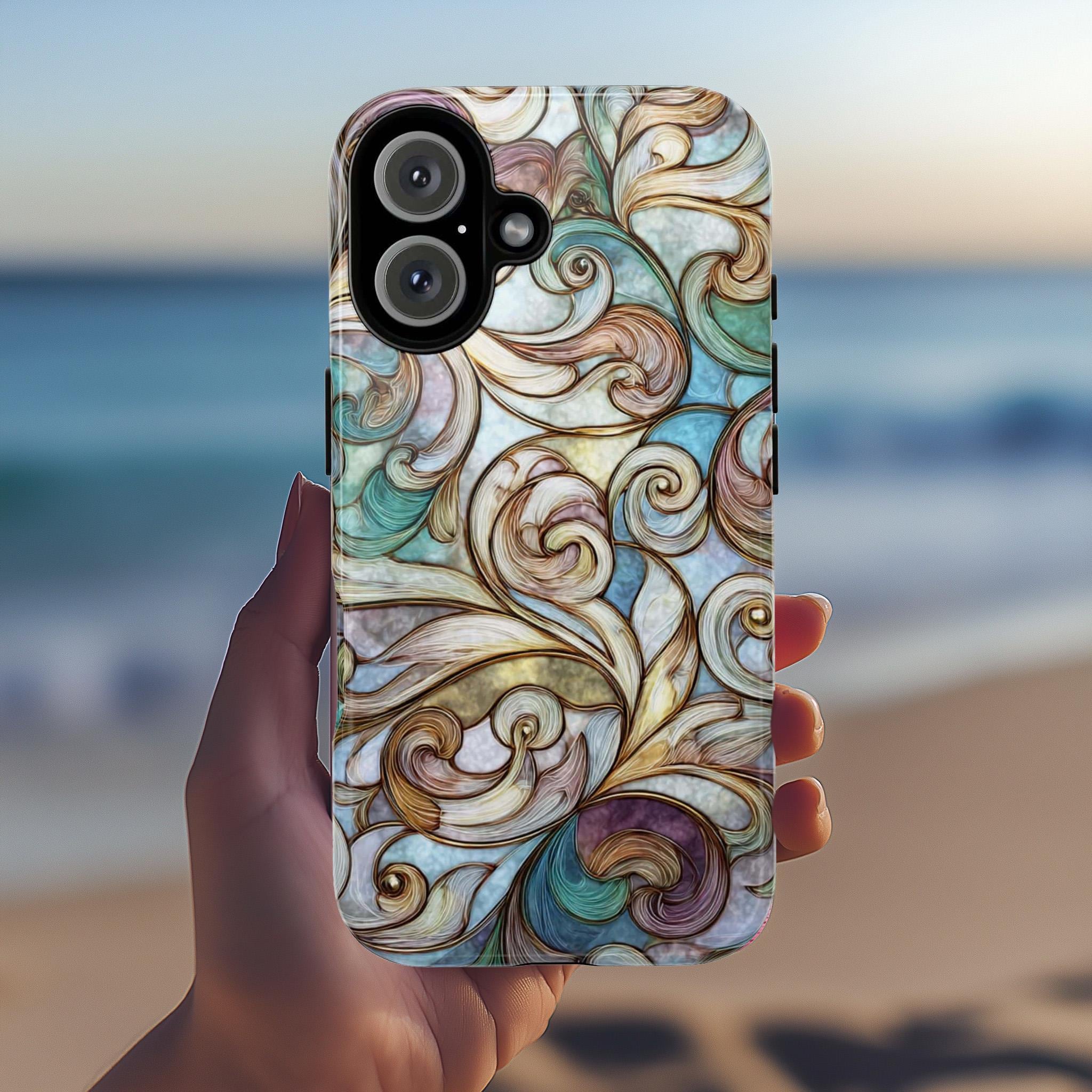 Pastel Abstract Phone Case with Elegant Pattern, Stained Glass Style, Artistic Phone Cover for iPhone MagSafe and Tough Case, Samsung, 478.9
