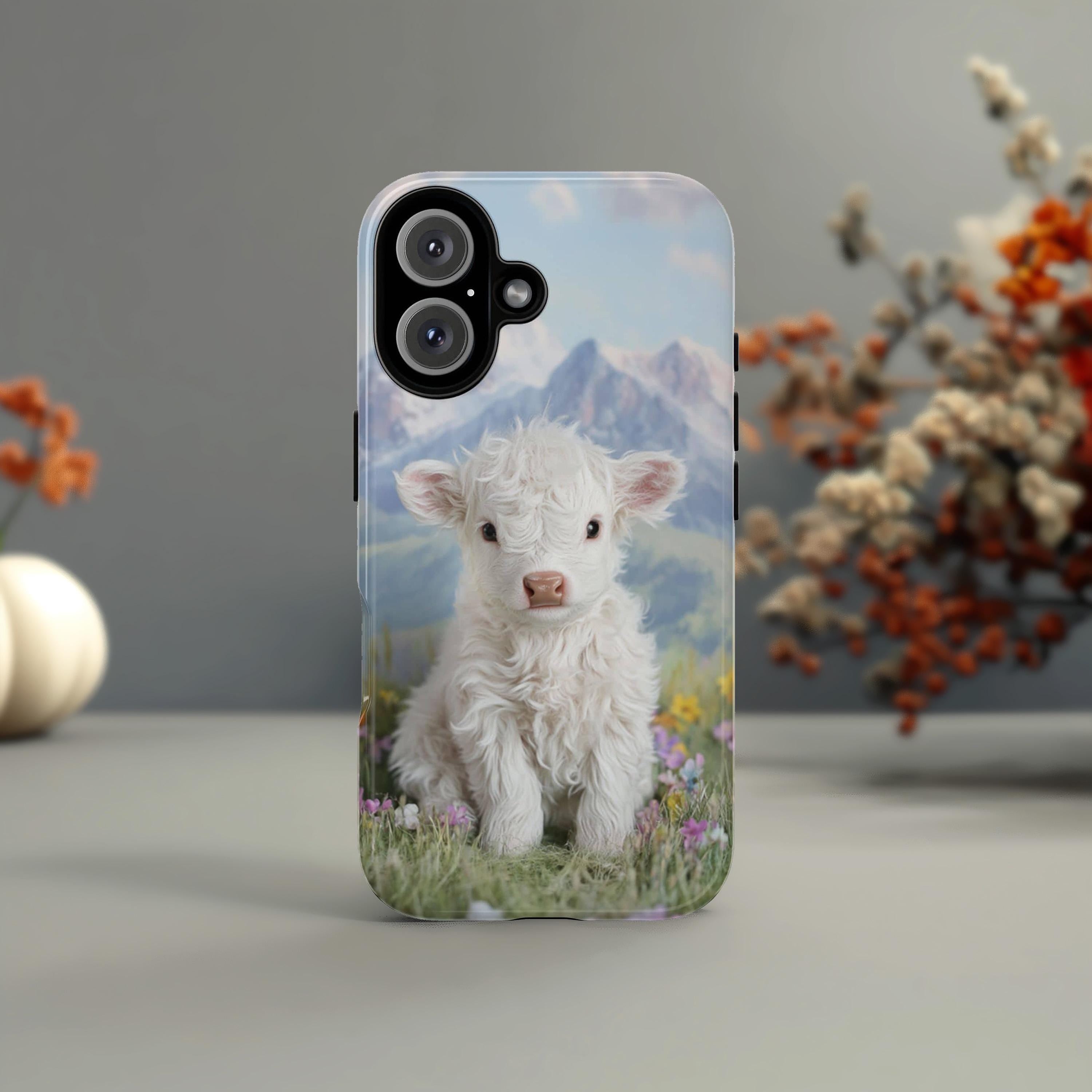 Cute Highland Calf Phone Case, Spring Meadow Floral Design with Mountain & Lake View Phone Cover for iPhone Tough or Magsafe, Samsung, 473.5