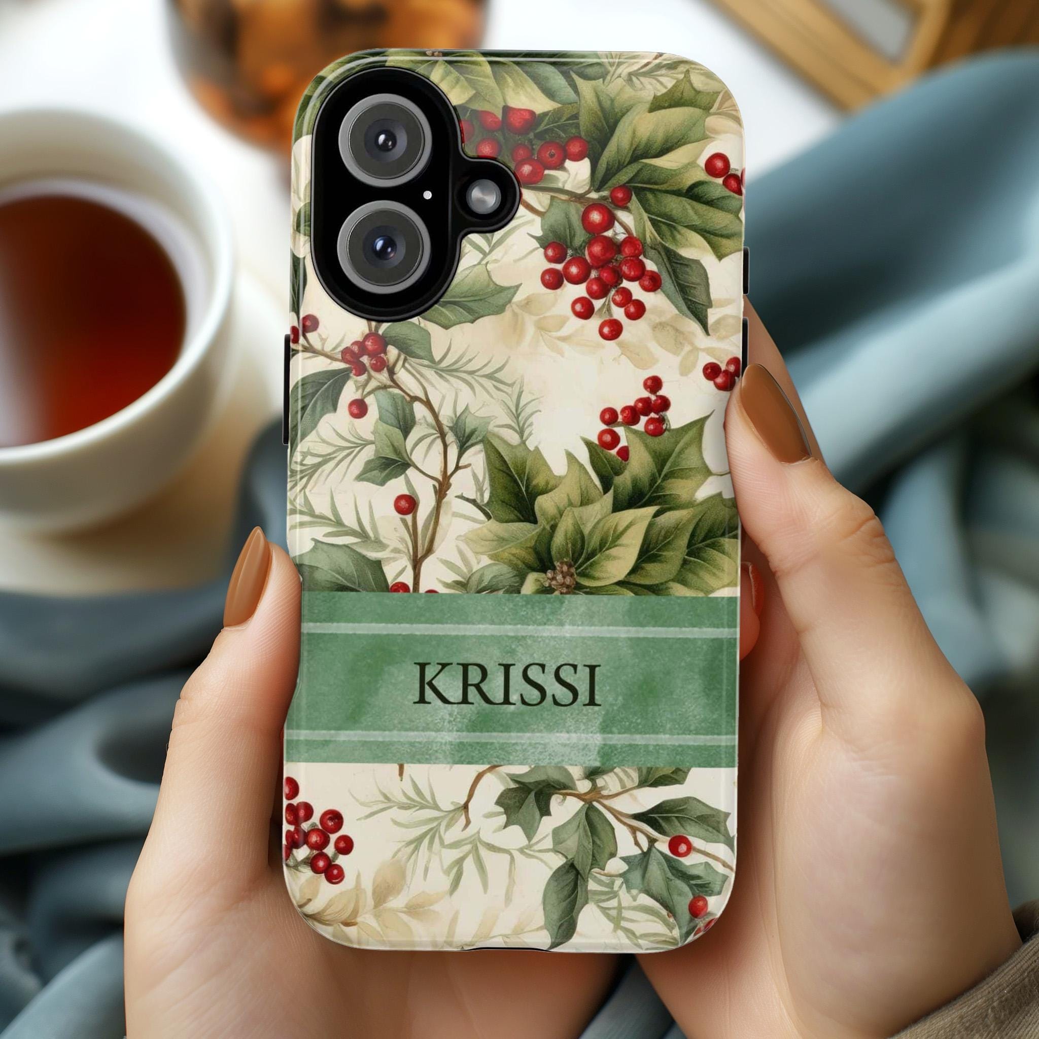 Personalized Xmas Phone Case Holiday Holly Phone Case, Custom Winter Phone Cover for iPhone 16 15 14 13  Pro Max Plus/Samsung S25, 107.2