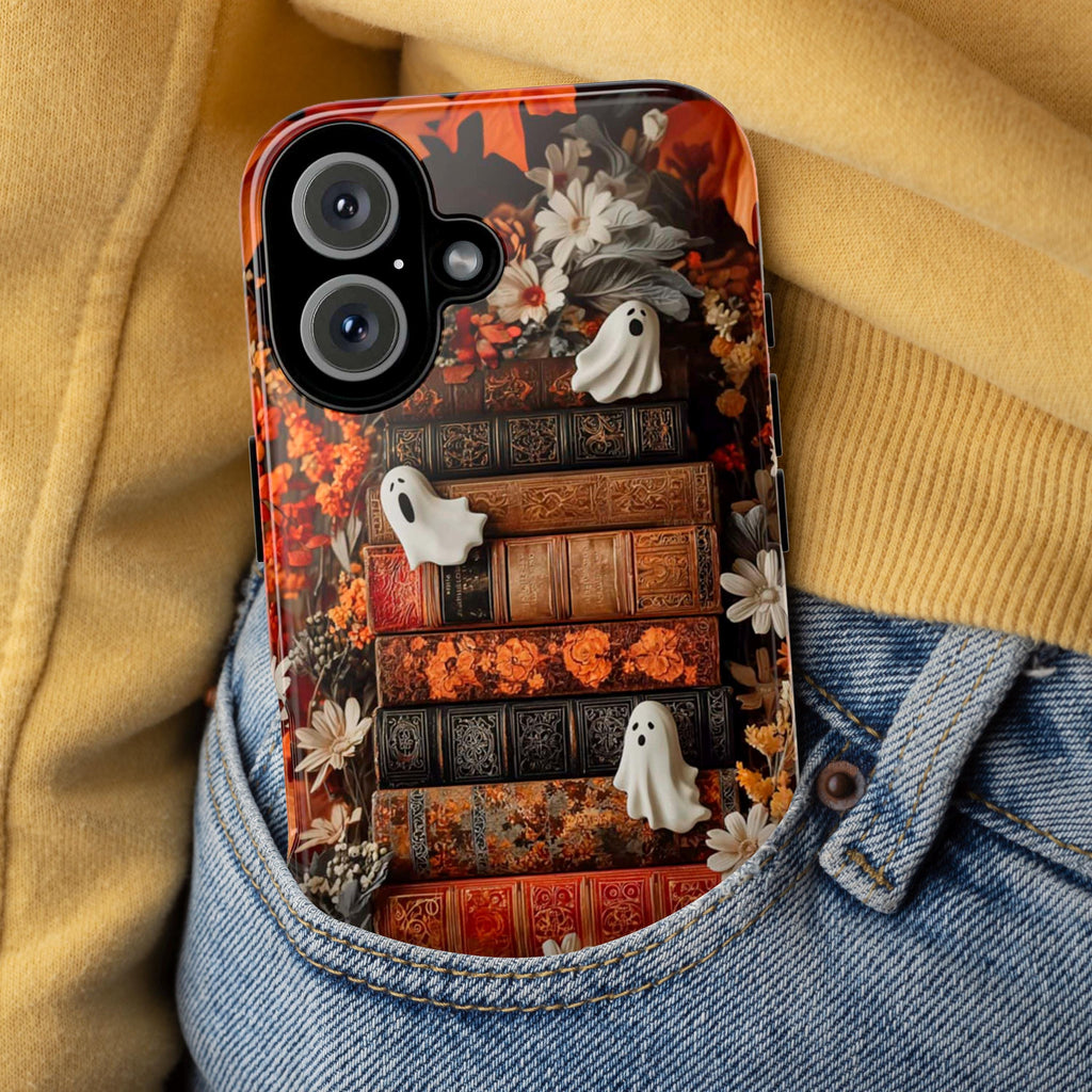Cute Ghosts & Bookshelf Phone Case | Autumn Halloween Floral Case, Cozy Spooky Cover for iPhone 16 15 Tough or Magsafe, Samsung, 475.24