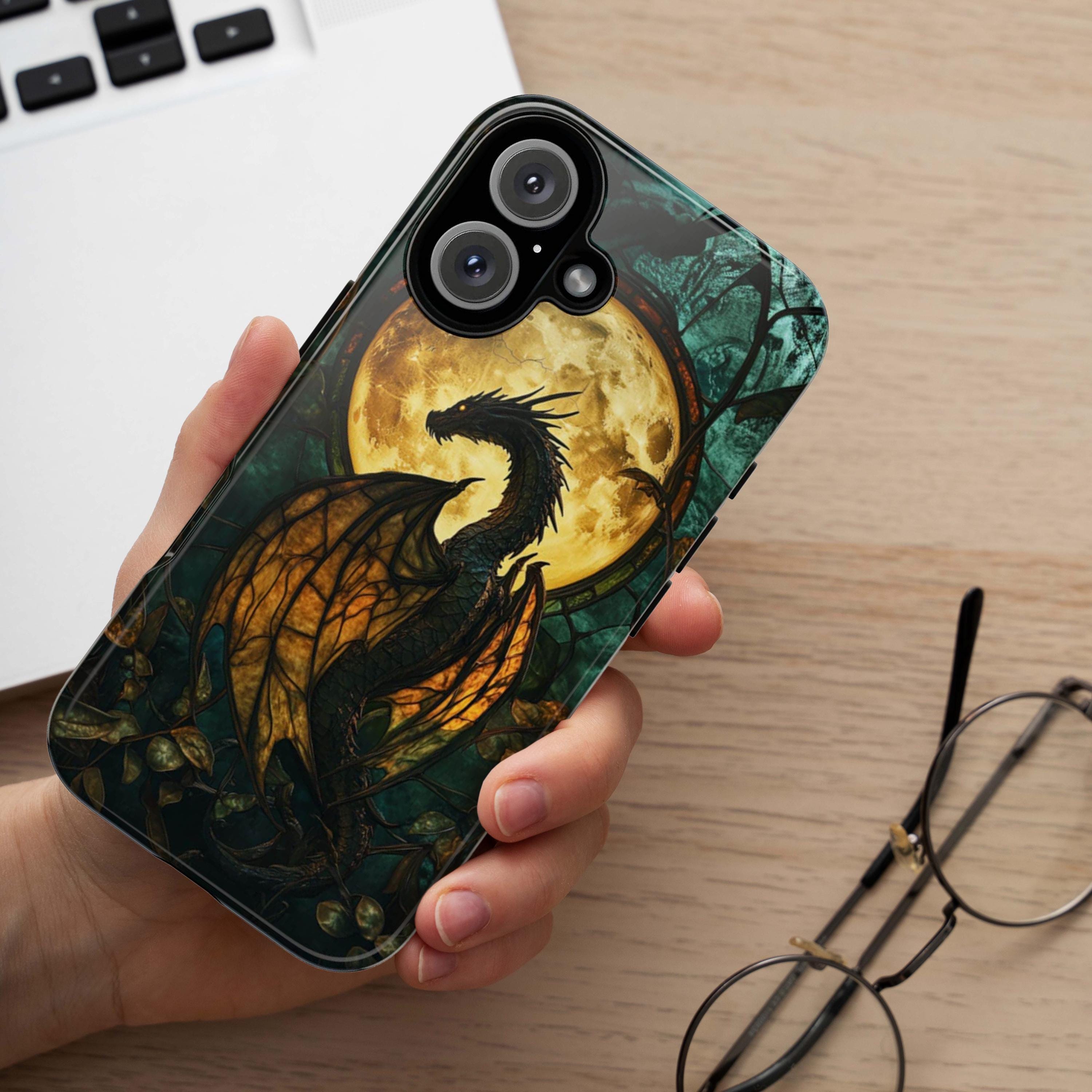 Mystical Dragon Stained Glass Phone Case, Gothic Cell Phone Cover for iPhone 15 14 13 12 11 Pro Max Plus / Samsung Galaxy S23 S22, 421.6