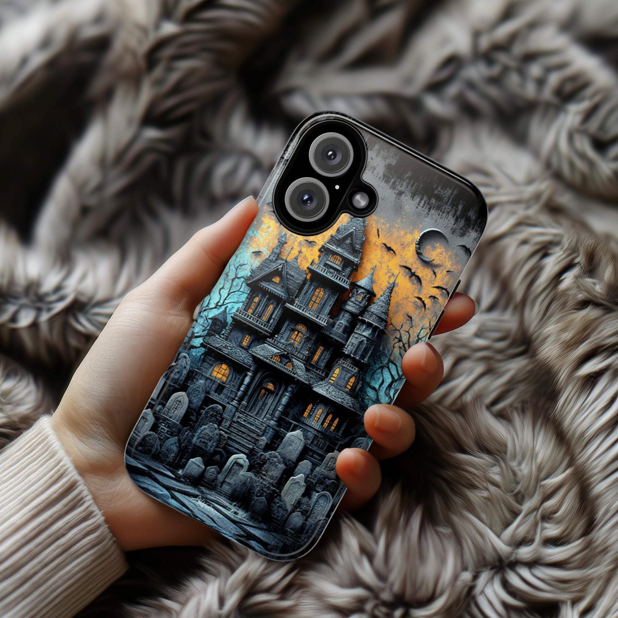 Halloween Haunted House Phone Case, Creepy Gothic Horror Phone Cover, Spooky Lovers for iPhone 16 15 14 13 Tough or Magsafe, Samsung, 475.8