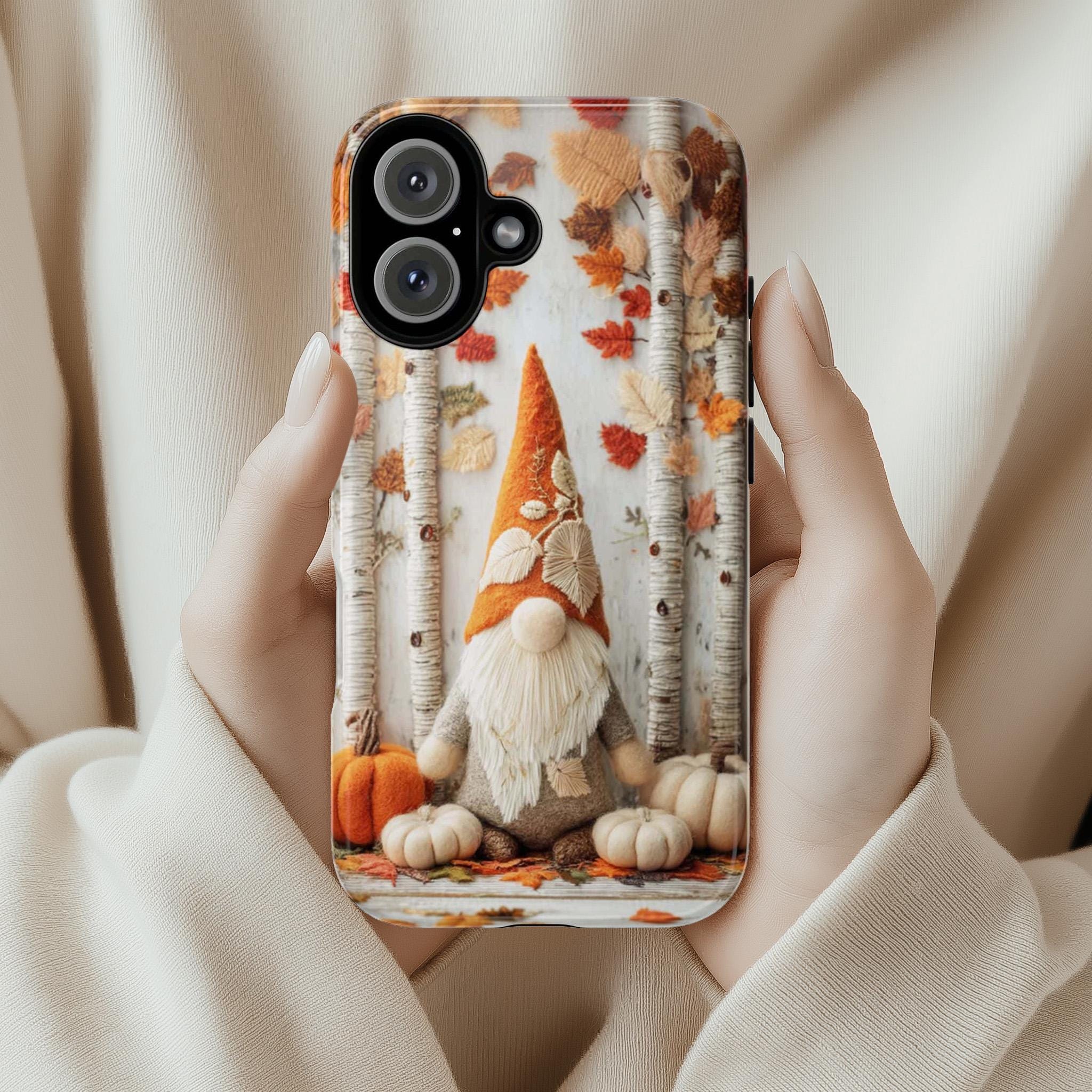 Cute Autumn Gnome Phone Case, Fall Forest White Birch Trees & Pumpkins Cover for iPhone 16 15 Tough or Magsafe, Samsung, 452.22