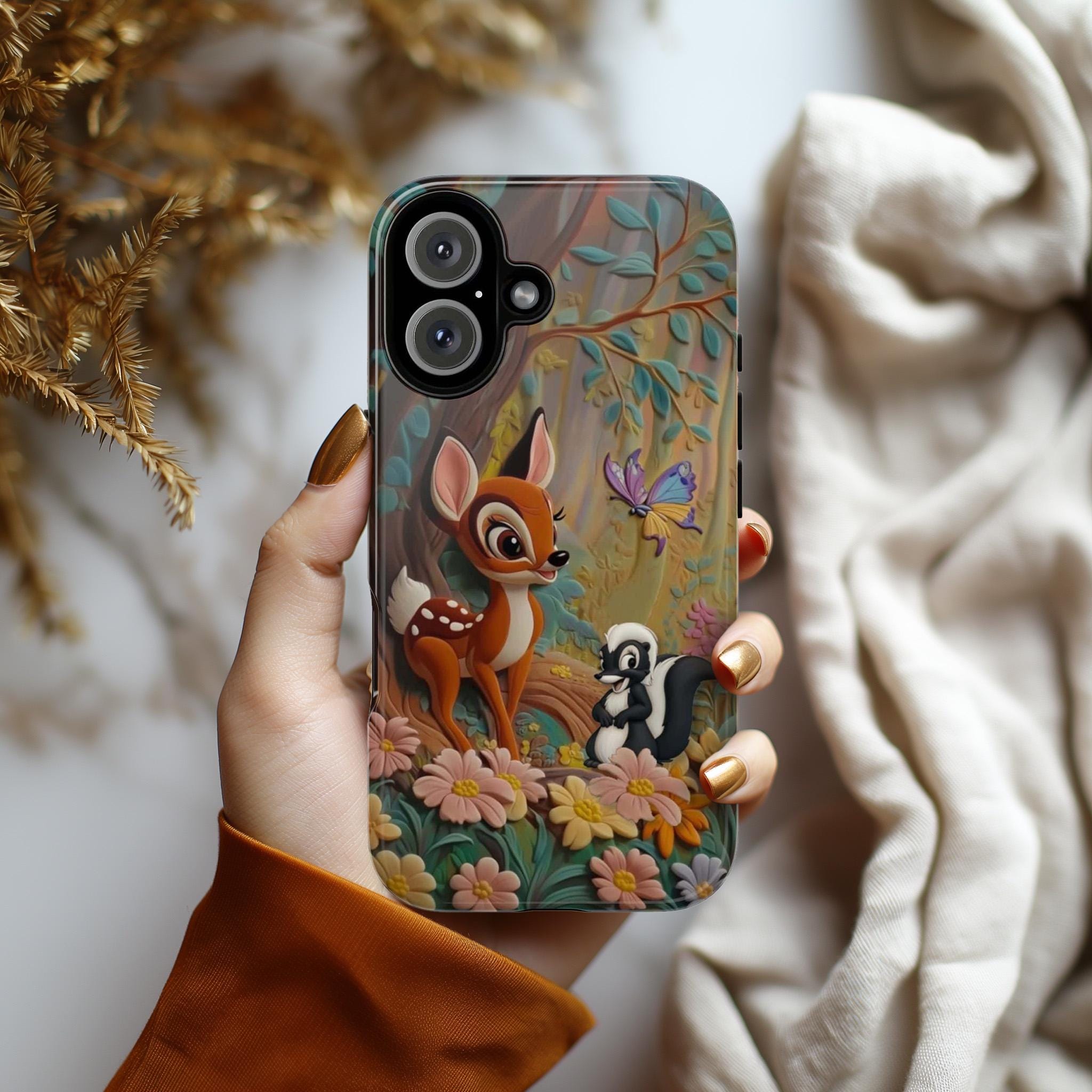 Bambi and Skunk Phone Case, Disney Floral Forest Design, Cute Cartoon Bambi Friends for iPhone 16, 15, 14 Tough or Magsafe & Samsung, 442.50