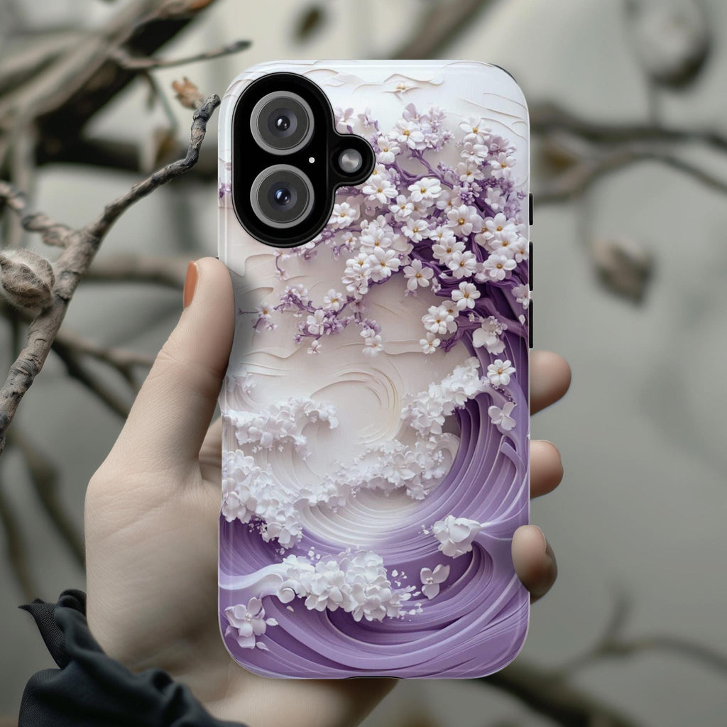 Sakura Cherry Blossom & Waves Phone Case, Purple Japanese Art Cover, 3D Elegant Floral Case for iPhone 16 15 14 Magsafe, Samsung S25, 469.2