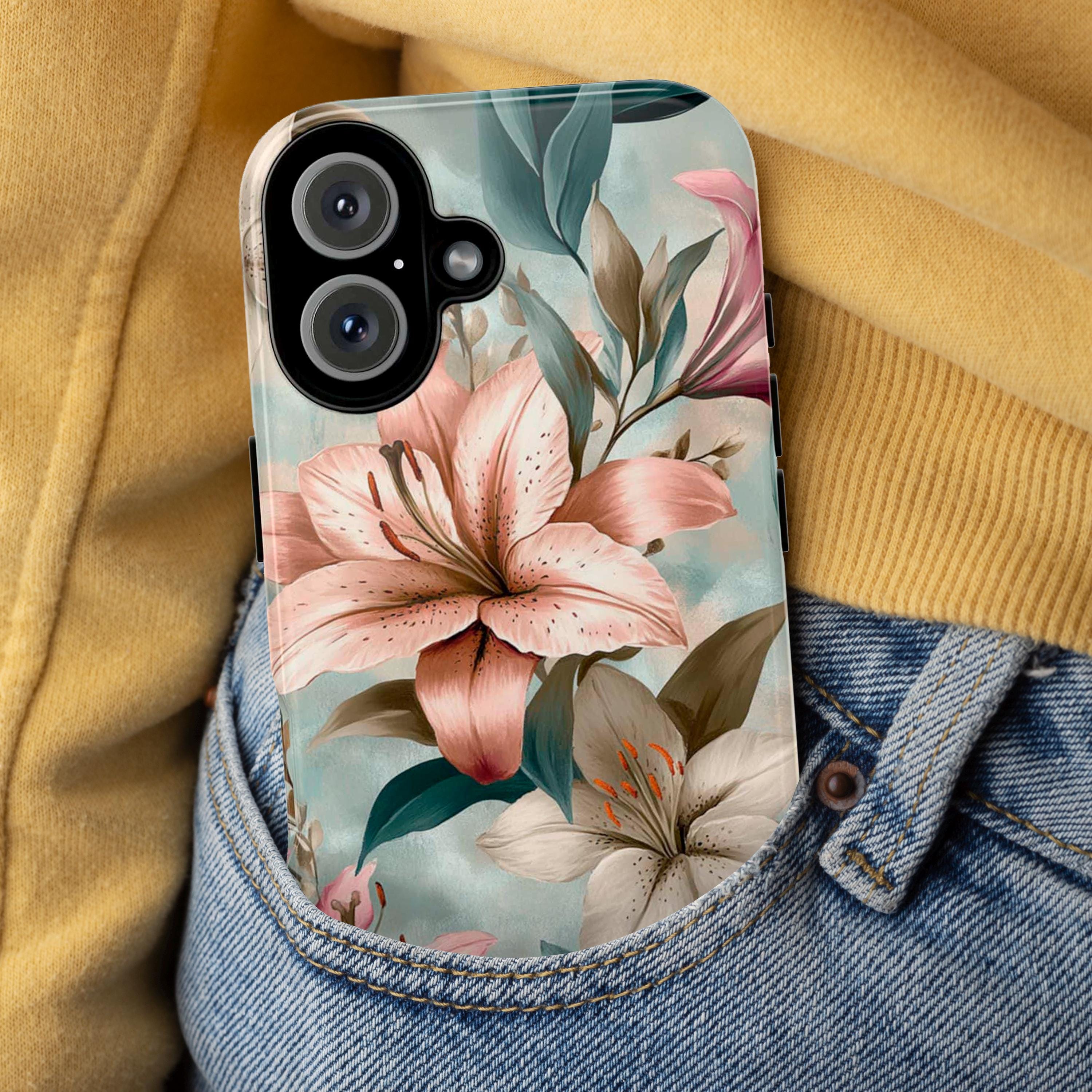 Pastel Floral Phone Case with Elegant Lily Design, Soft Aesthetic Cover for iPhone and Android, Romantic Nature-Inspired Gift, 477.2