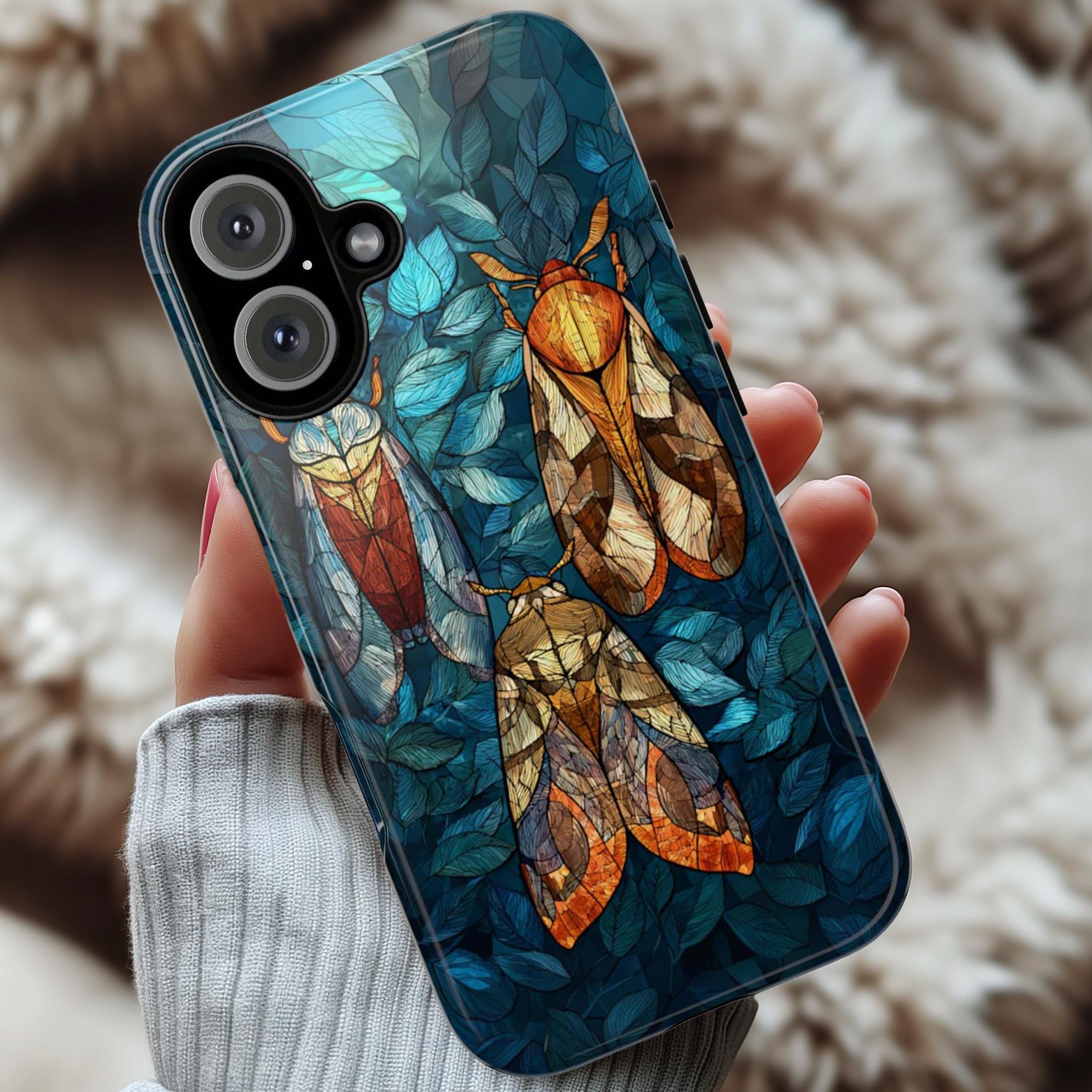 Mystical Night Insect Phone Case with Stained Glass Effect, Magical Bug Design, Artistic Protective Cover for iPhone & Samsung, 478.4