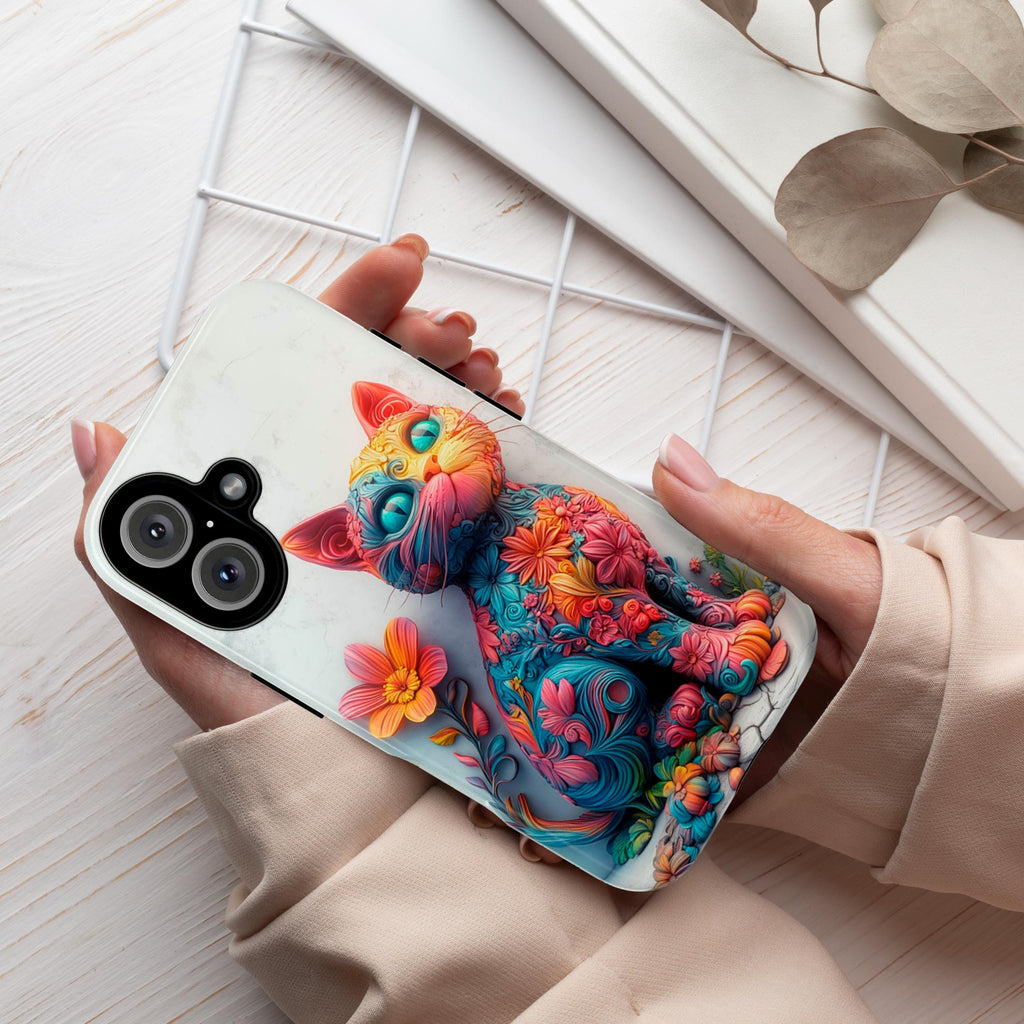 Colorful Floral Cat 3D MagSafe Phone Case, Abstract Fantasy Cat & Flowers iPhone 16 15 14 13 12 Pro Max Plus / Samsung S24, 439.11