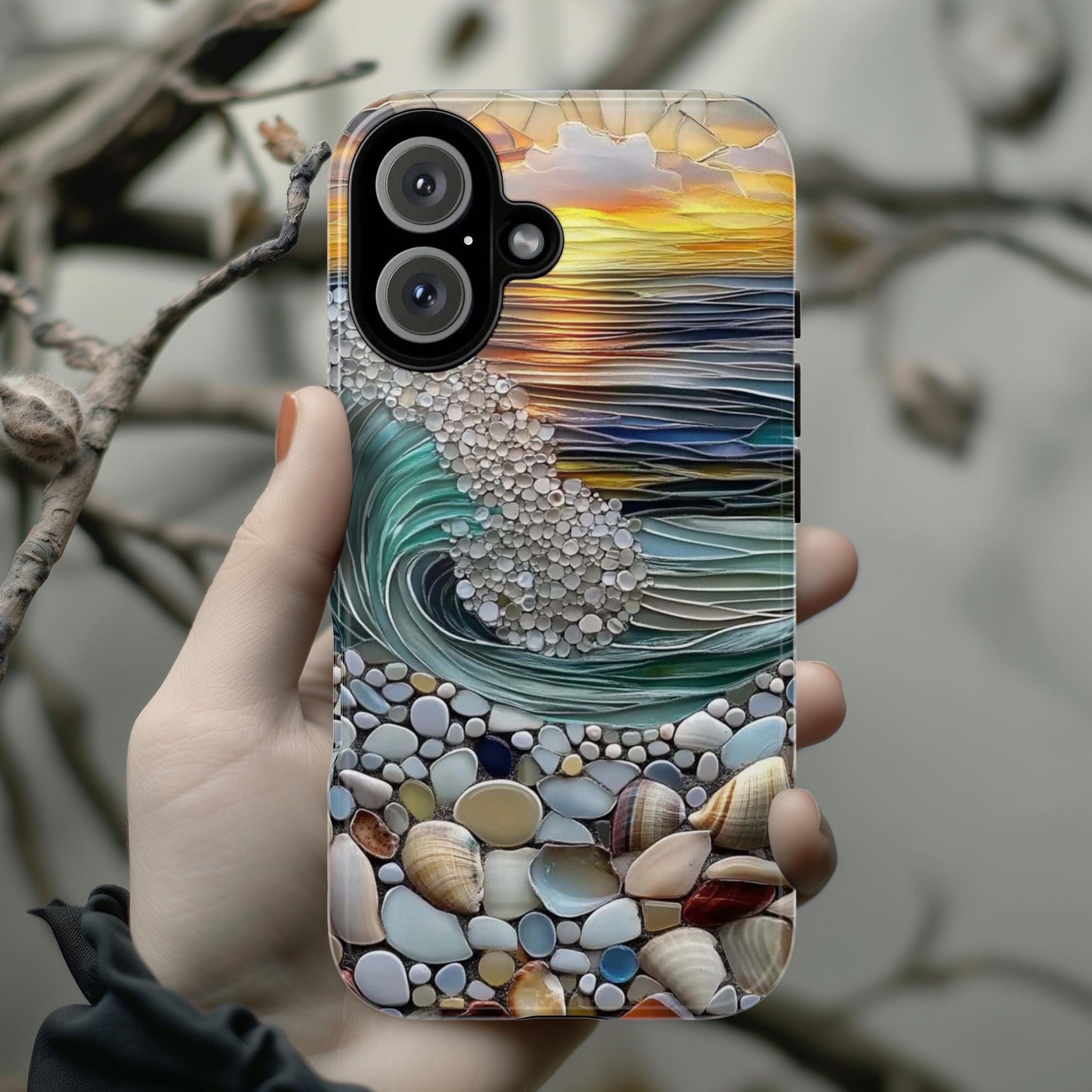 Summer Ocean Sunset Phone Case,  Stained Glass Effect Shell Design, Beach Vibes Coastal Art Cover for iPhone Touhg or Magsafe, 455.16