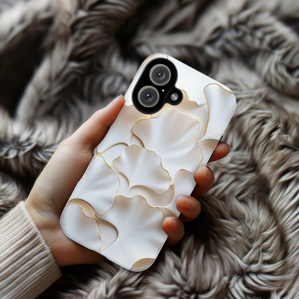 White Ginkgo Leaf Phone Case, 3D Style Gold Edged Design, Botanical Art Case for iPhone 16 15 14 13 Magsafe Pro Max, Samsung S25, 439.61