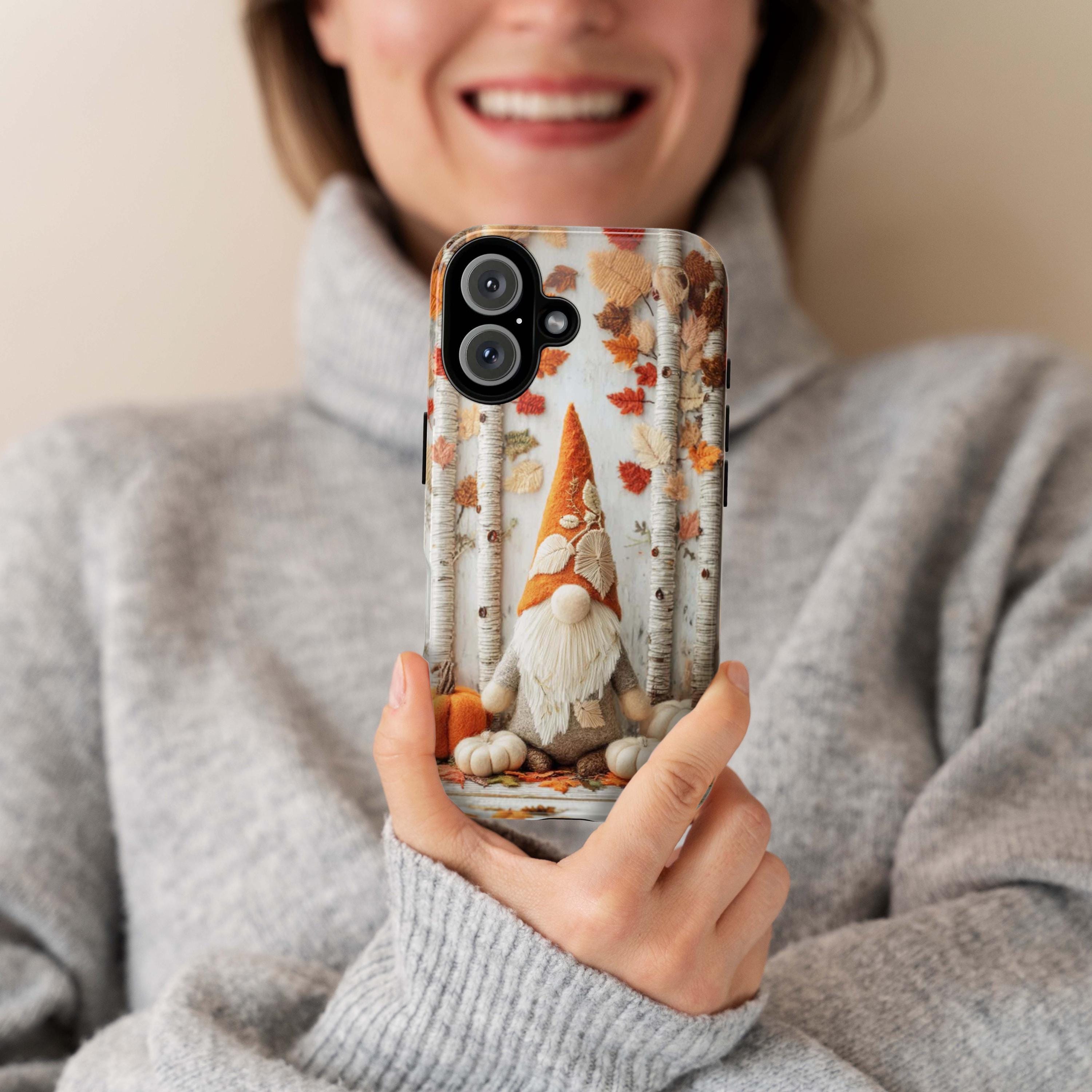 Cute Autumn Gnome Phone Case, Fall Forest White Birch Trees & Pumpkins Cover for iPhone 16 15 Tough or Magsafe, Samsung, 452.22