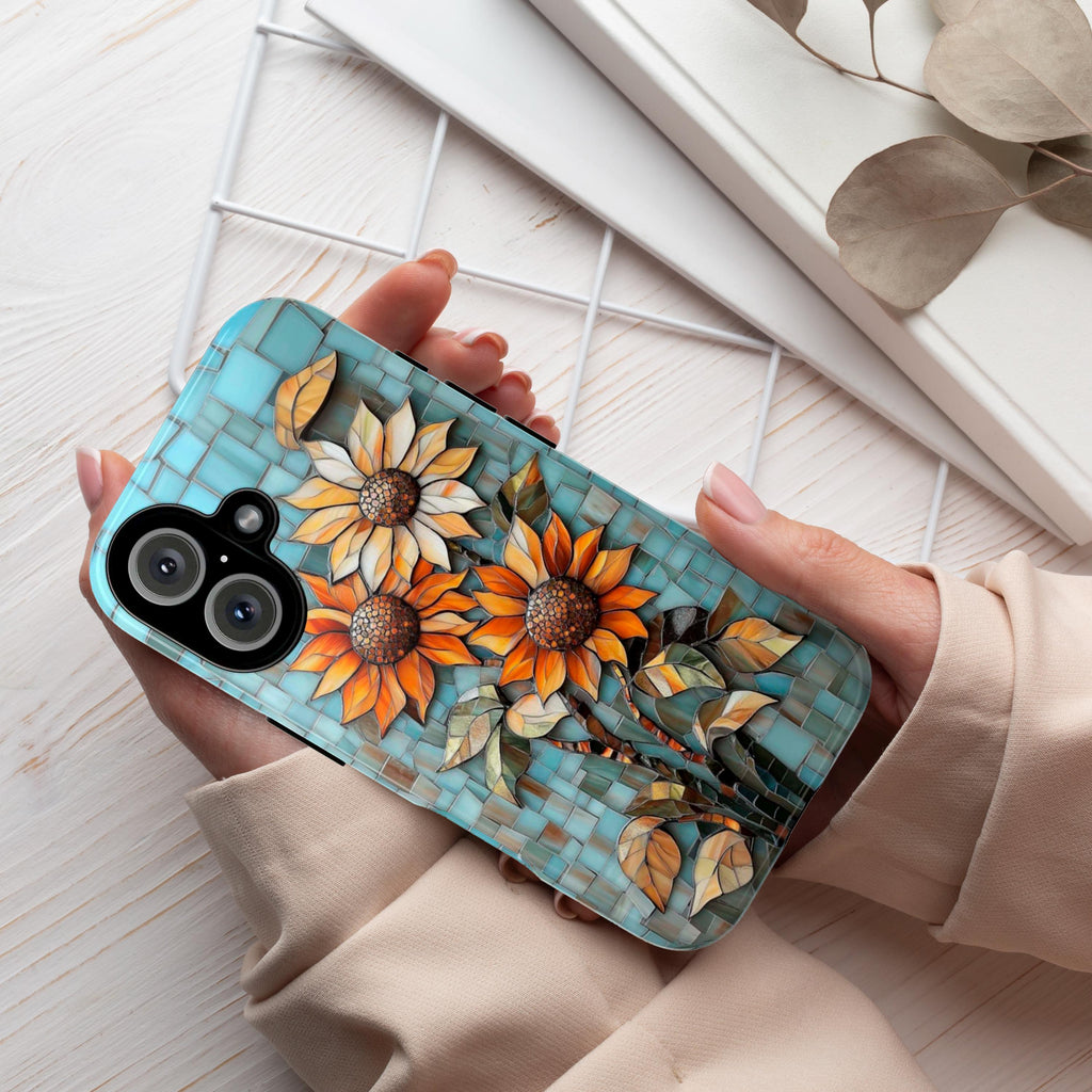 Stained Glass Sunflowers Phone Case, Mosaic Mystical MagSafe Case for iPhone 16 15 14 13 Pro Max Plus / Samsung S24, 418.13
