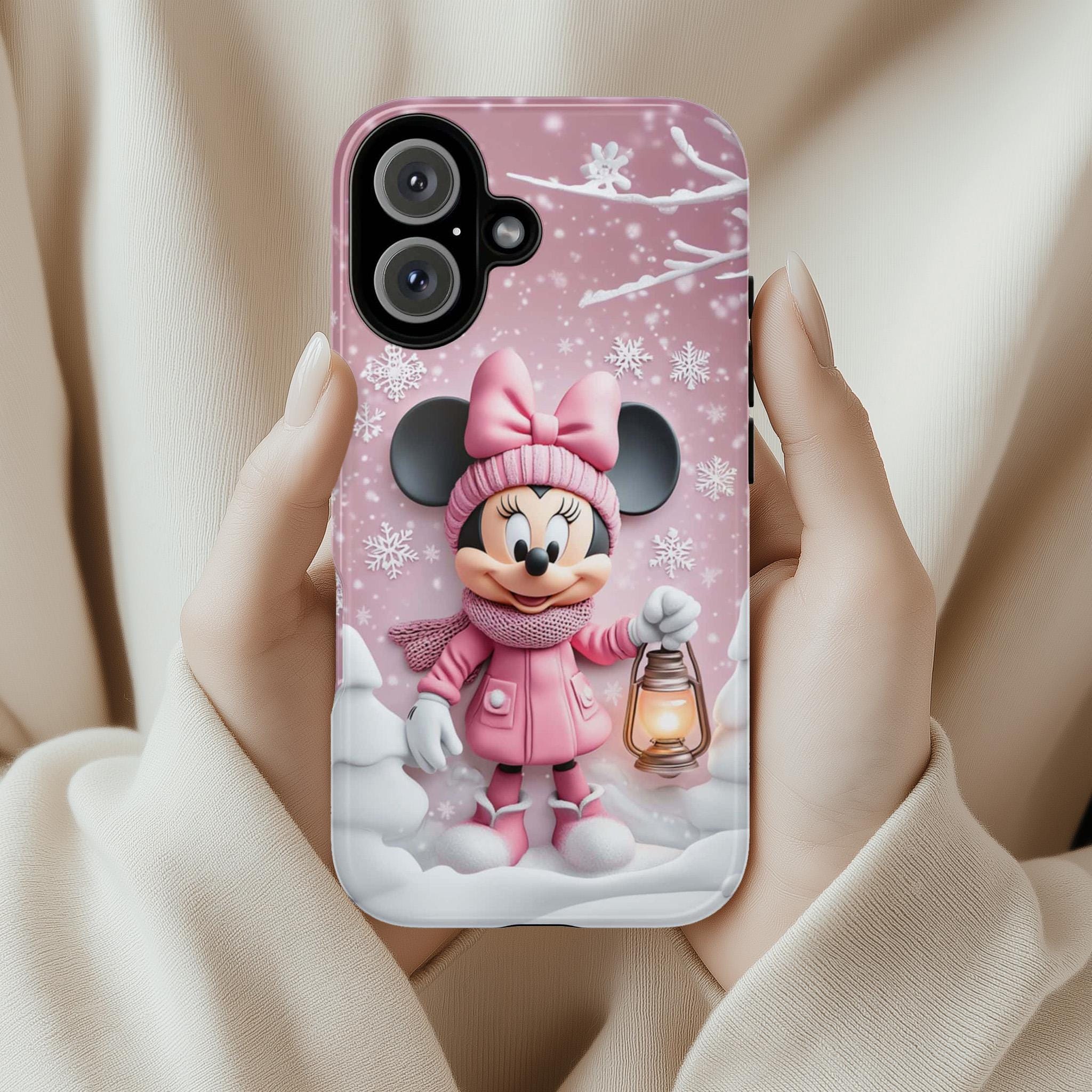 Minnie Mouse 3D Phone Case, Cartoon Xmas Design Pink Minnie Mouse Christmas Phone Case for iPhone 16 15 14 Magsafe, Samsung S24, 442.5
