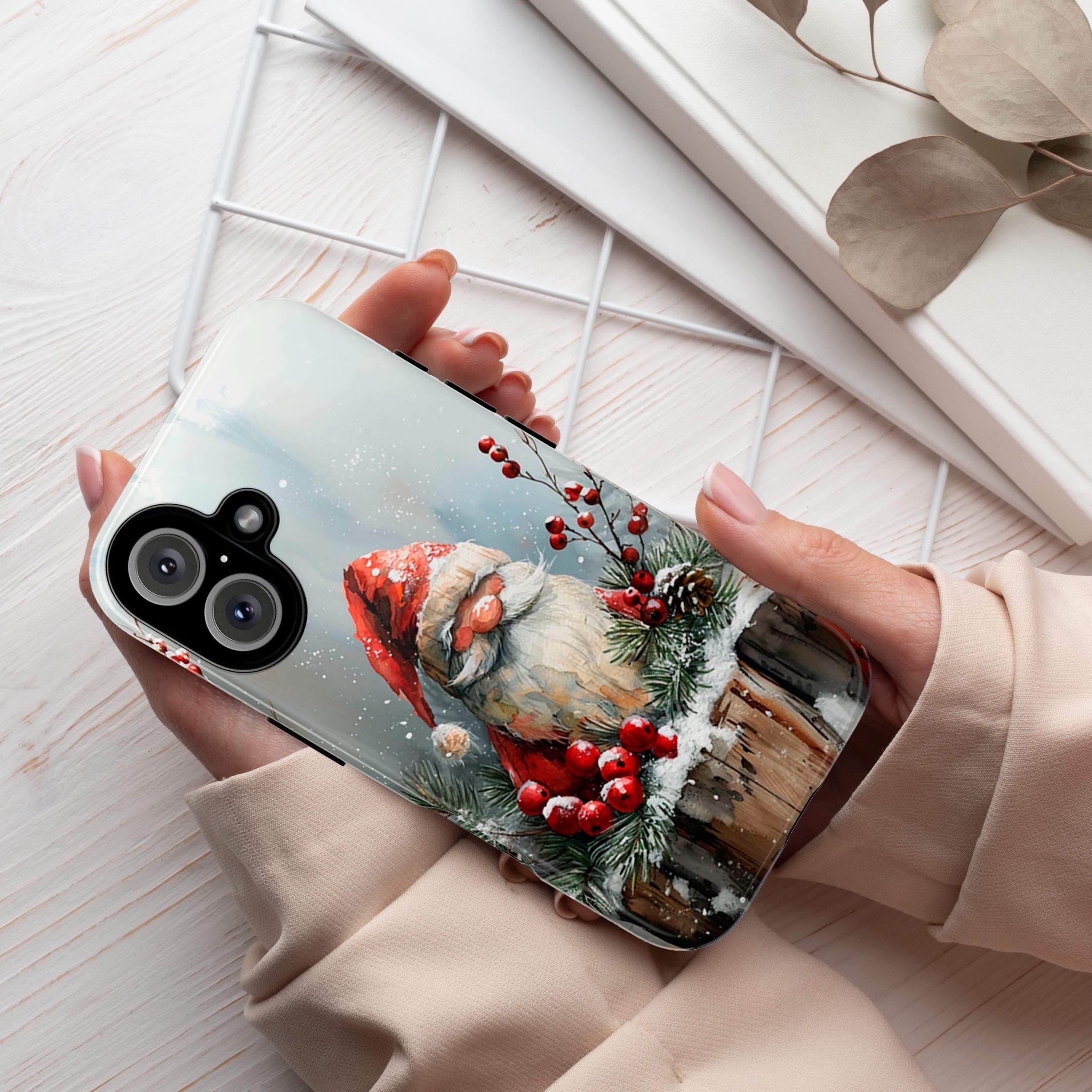 Cozy Watercolor Xmas Holiday Gnome Phone Case, Christmas Gnome & Snowy Winter Forest for iPhone 15 14 13 12 Pro Max Plus, Galaxy S25, 427.9