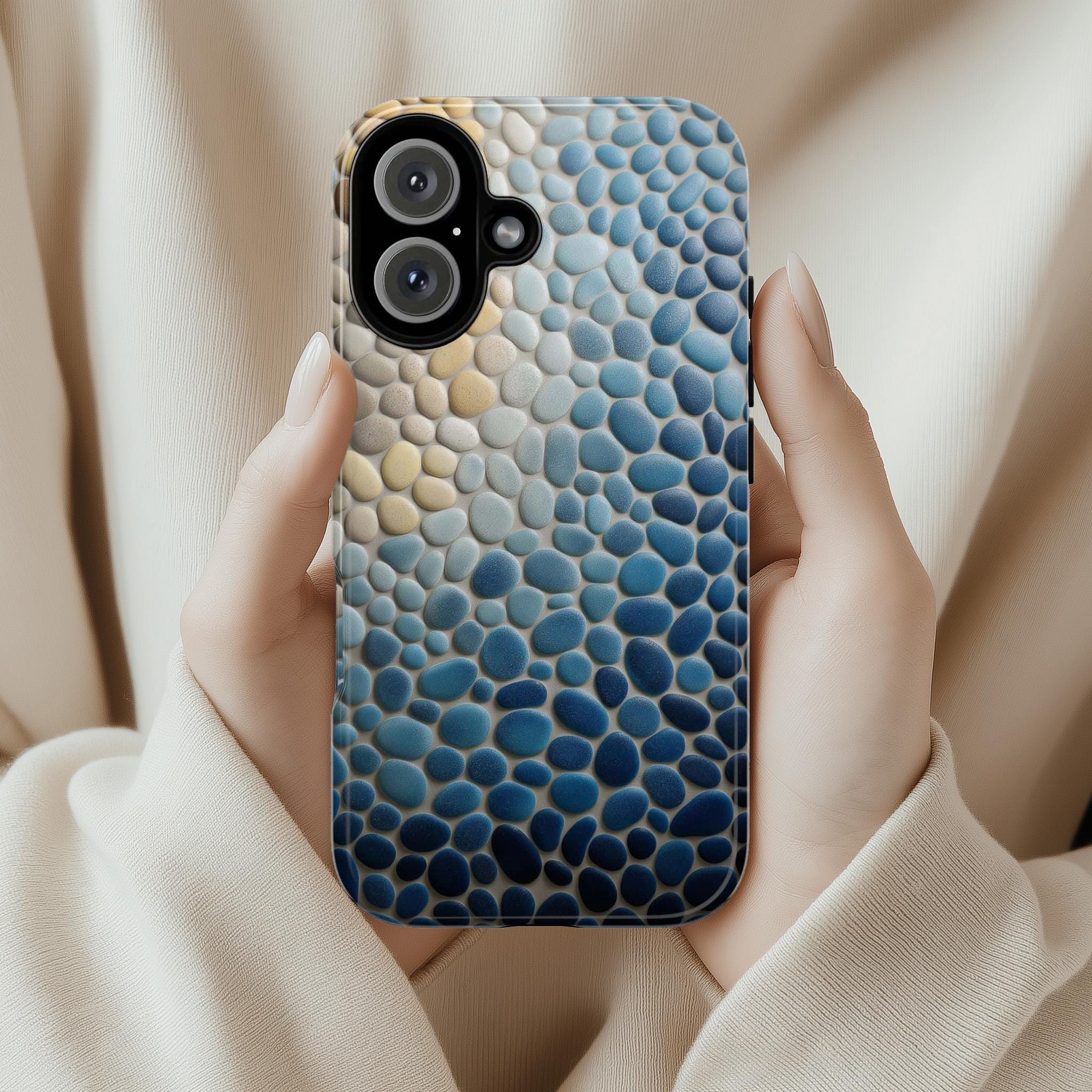 3D Textured Ocean Pebble Phone Case, Coastal Nature Cover, Natural Stones Case for iPhone 16 15 14 13 Tough or Magsafe, Samsung, 466.9
