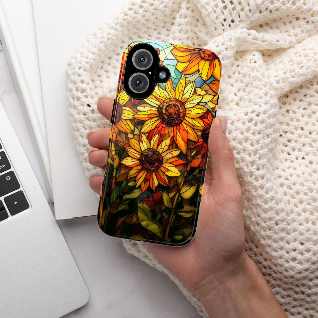 Stained Glass Vibrant Sunflowers Phone Case, Sunflower Field Phone Cover for iPhone 16 15 14 13 Pro Magsafe Samsung Galaxy S24, 418.18