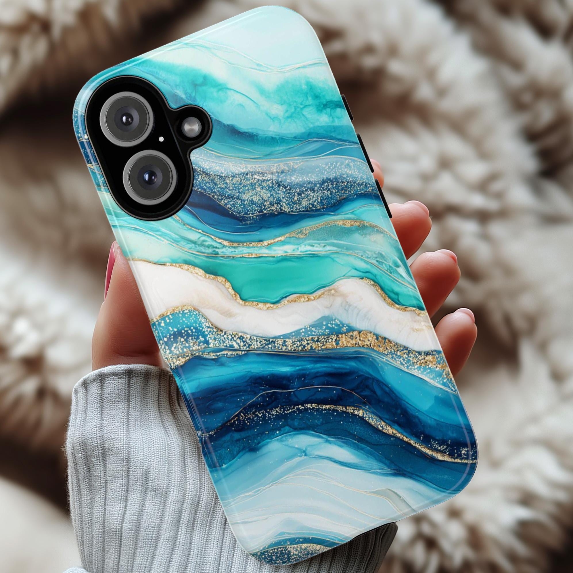 Turquoise White Agate Phone Case with Cracked Stone Texture | Elegant Gemstone Cover for iPhone 16 15 Tough or Magsafe, Samsung, 479.4