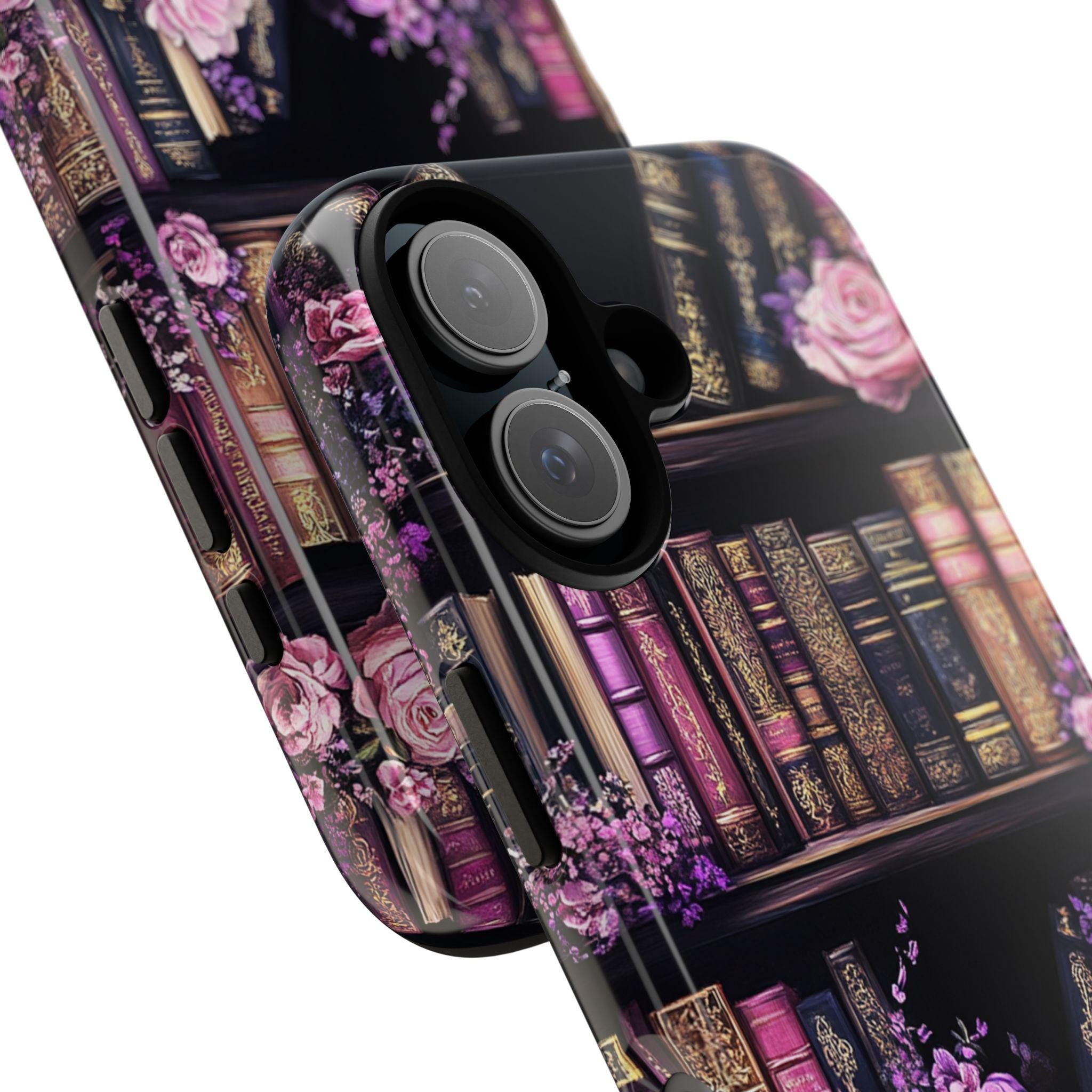 Gothic Dark Academia Floral Bookcase Phone Case, Vintage Book Lover Gift for iPhone 16 Pro Max 15 14 13 Plus, Samsung S24 S25 Ultra, 423.1