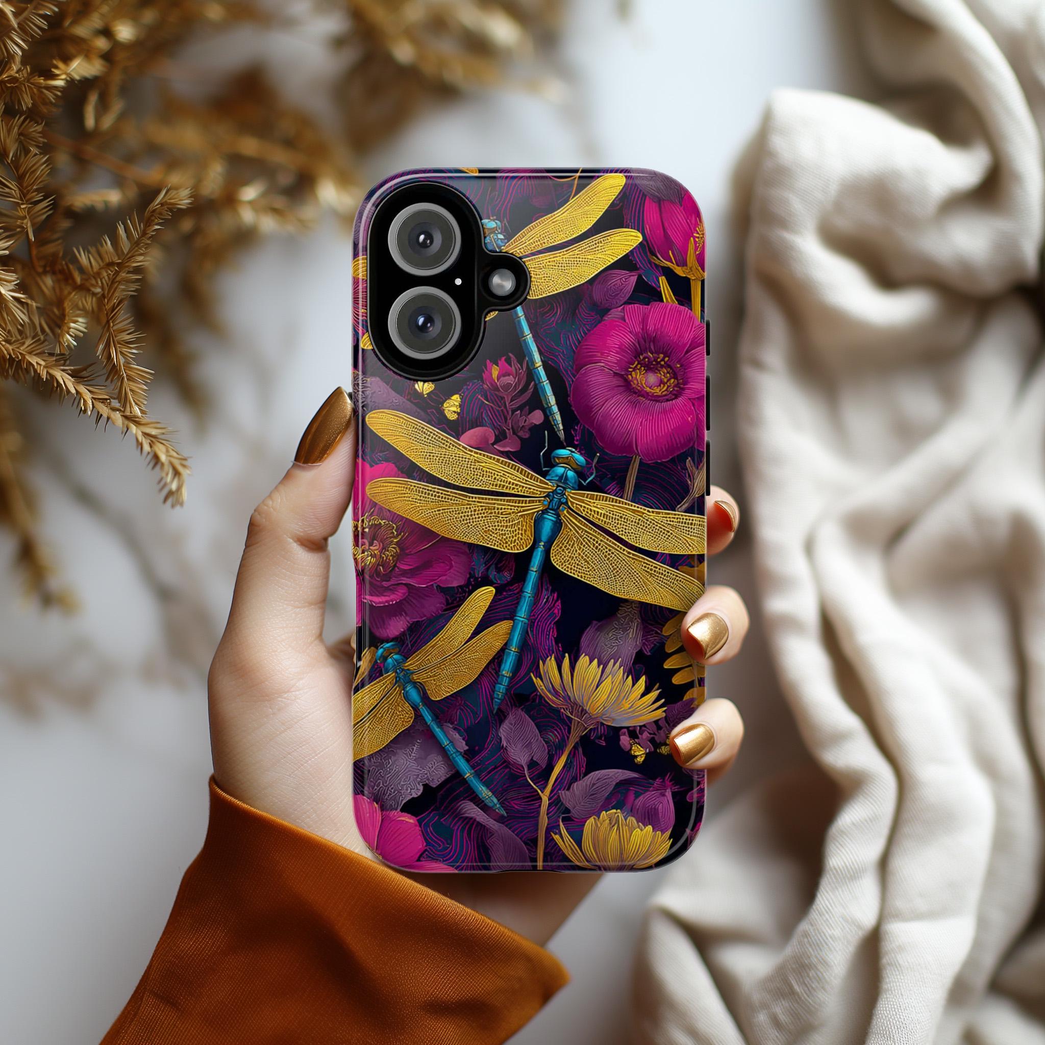 Dragonfly & Flowers Phone Case, Colorful  Artistic Nature Cover, Elegant Botanical Phone Case for iPhone Tough or Magsafe, Samsung, 476.22