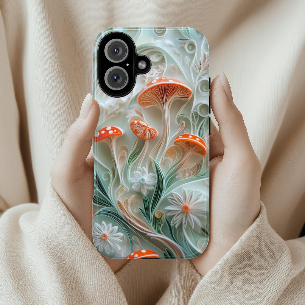 Magical Forest Mushroom Phone Case with Paper Art Design, Woodland & Nature Lovers for iPhone 16 15 14 13 Tough or Magsafe, Samsung, 470.14