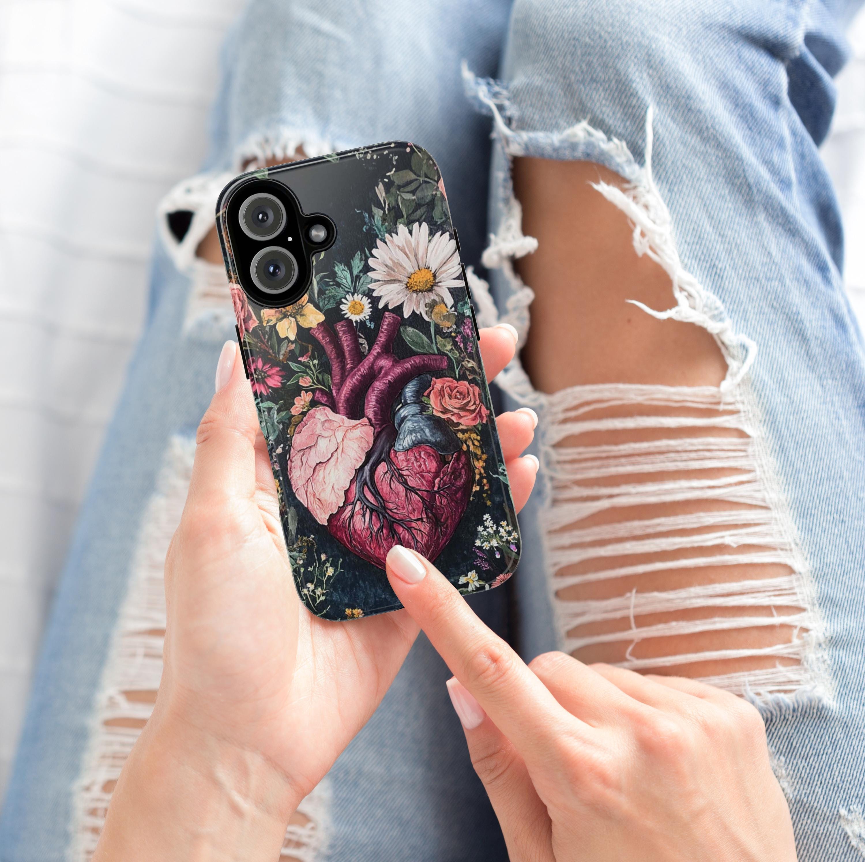 Watercolor Floral Anatomy Heart Phone Case, Anatomical Art Design, Floral Human Heart Phone Cover for iPhone 16 15 Pro, Samsung S24, 435.10