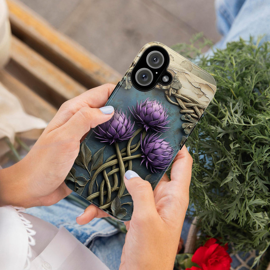 Celtic Thistle Phone Case, Rustic 3D Style Purple Flower Design, Nature Celtic Cover for iPhone 16 15 Tough or Magsafe, Samsung S25, 439.48