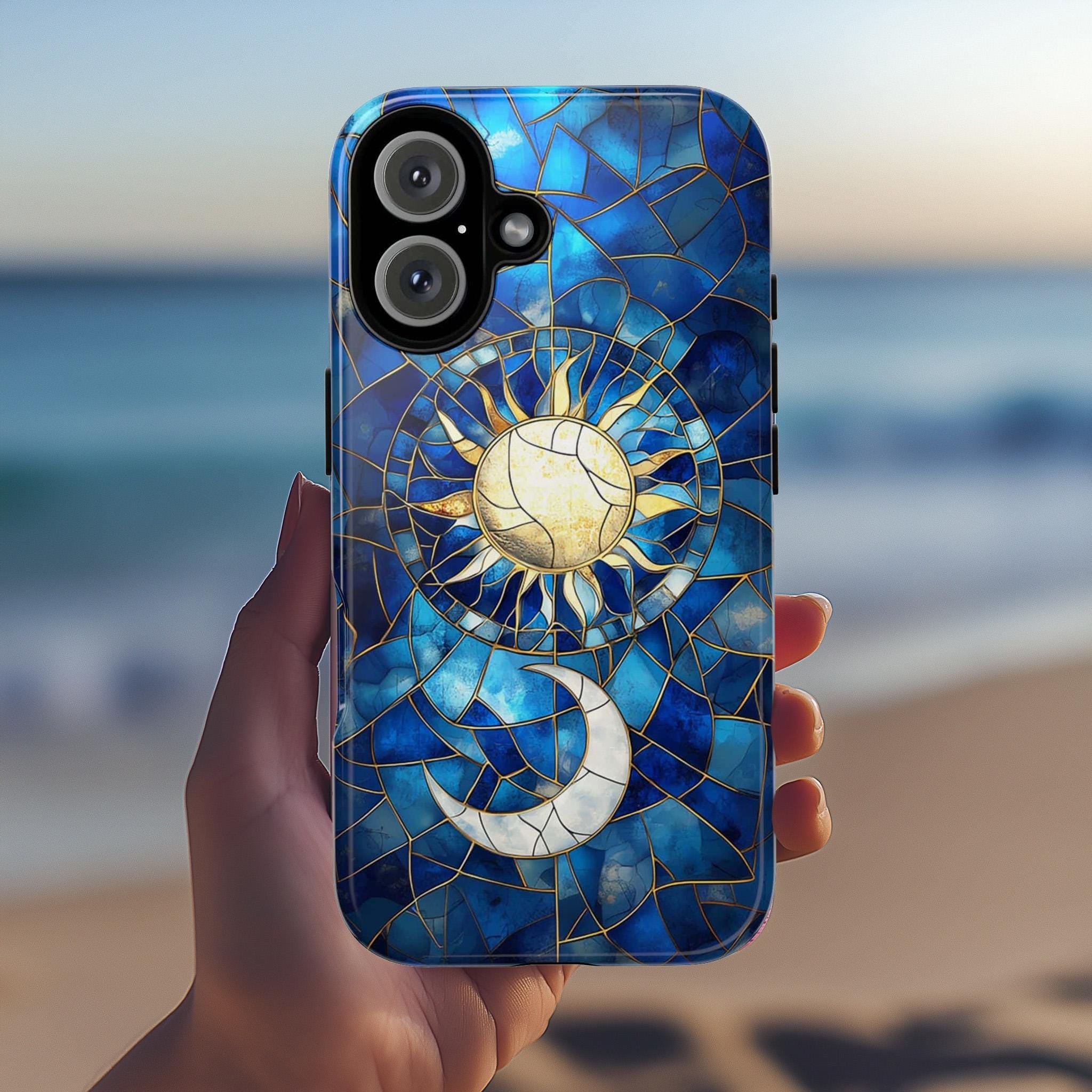 Celestial Moon & Sun Stained Glass Phone Case | Aesthetic Mystic Design for iPhone 16 Pro Max 15 14 13 Plus Mag Safe, Samsung S24 Ultra S23