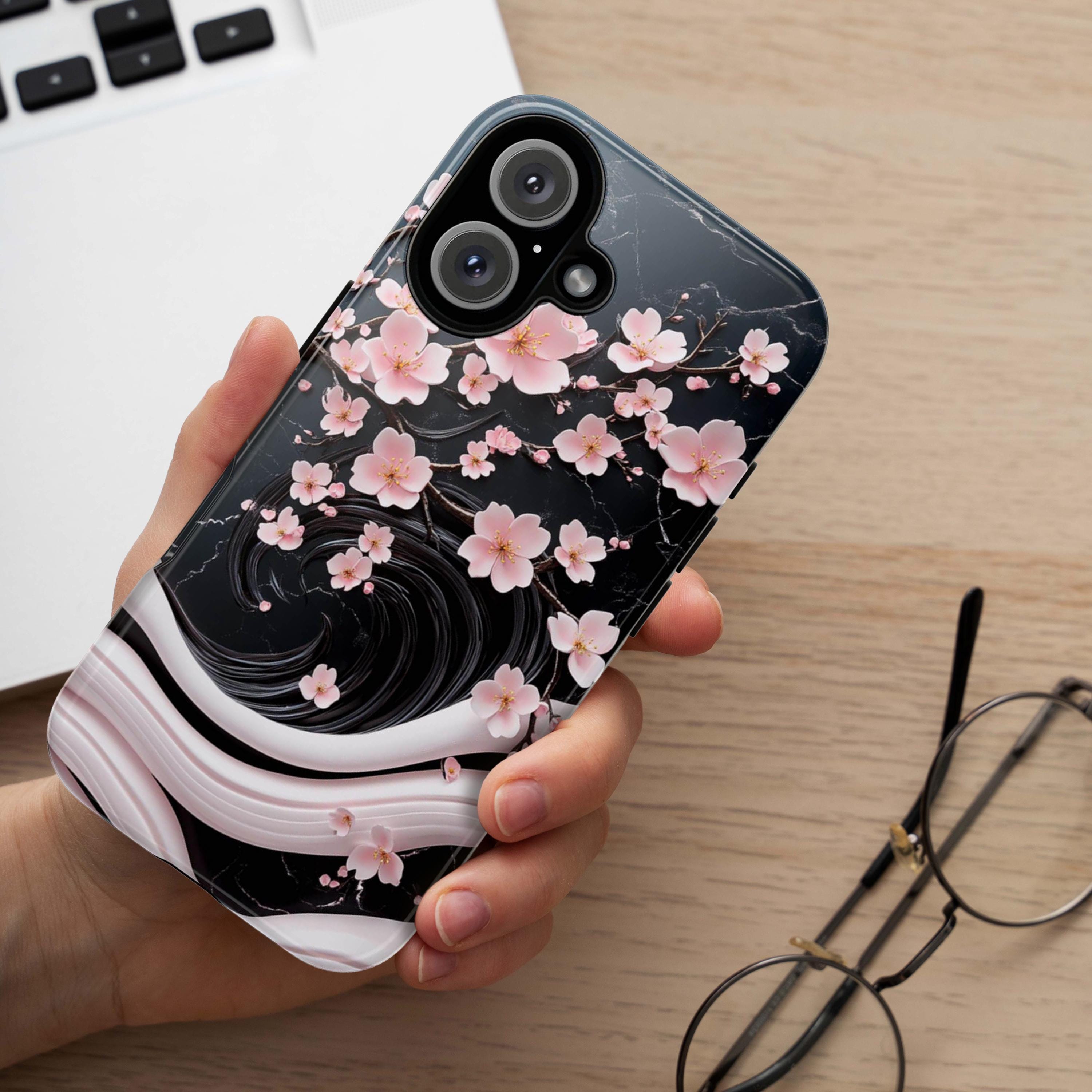 Pink Cherry Blossom 3D Elegant Phone Case, Black Pink Japanese Art Cover, Floral Sakura Case for iPhone 16 15 14 Magsafe, Samsung S25, 469.5