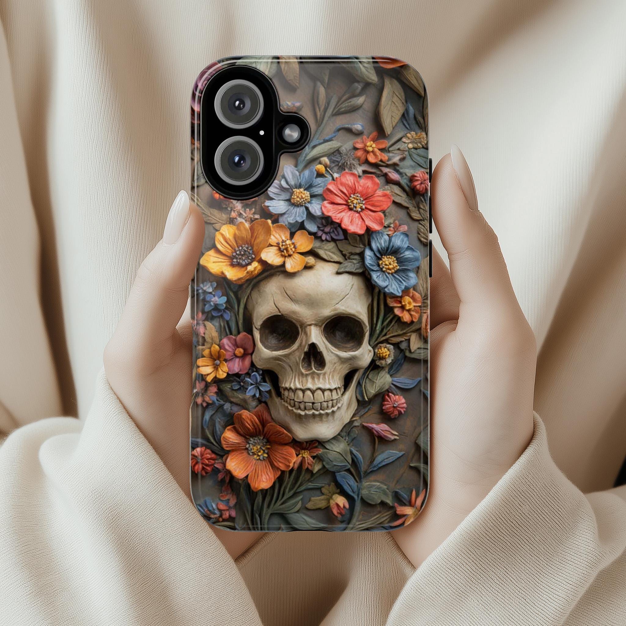 3D Dia de los Muertos Flora Skull Phone Case, Anatomical Gothic Botanical Phone, Halloween-Inspired Cover for iPhone & Samsung, 435.4