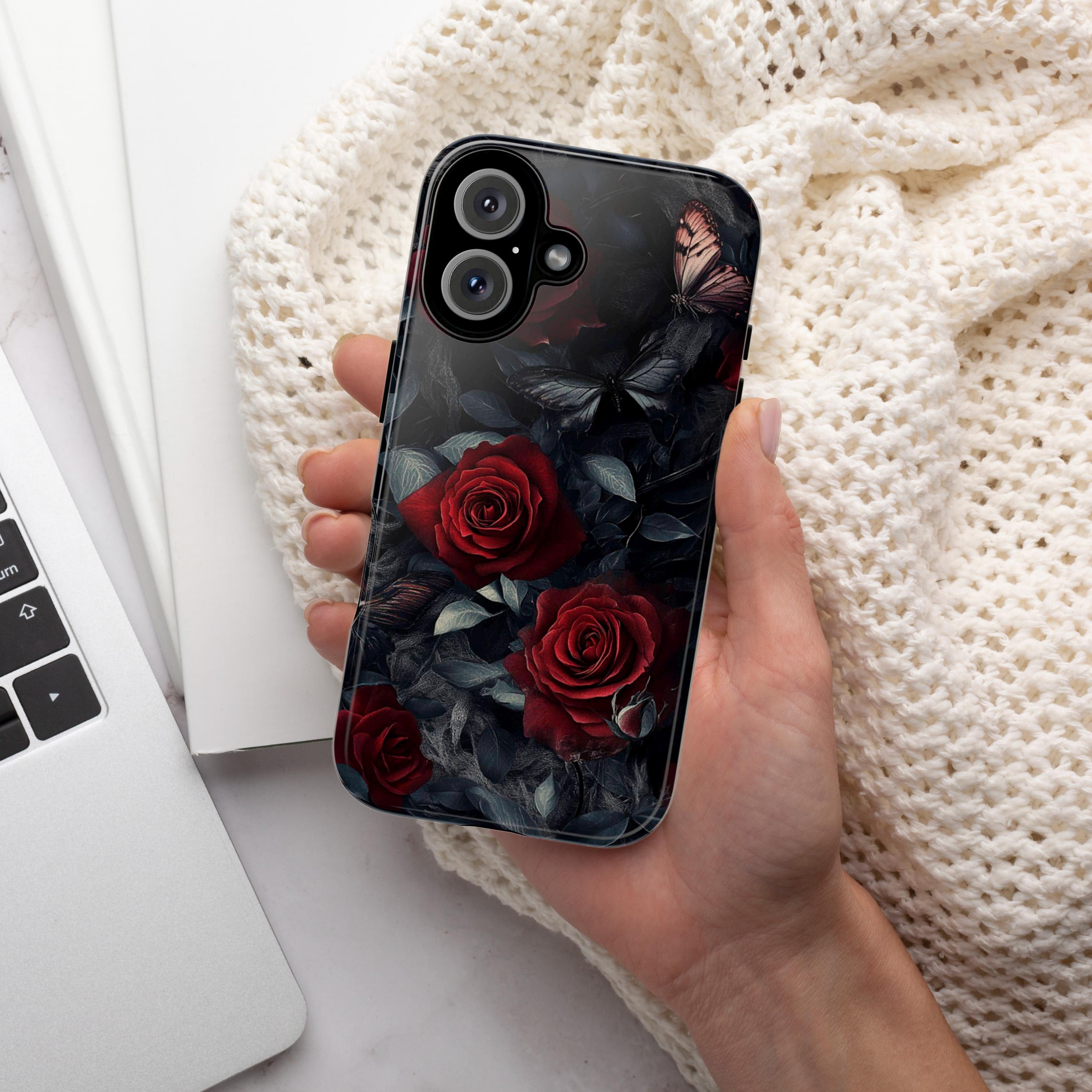 Dark Floral Red Rose Phone Case, Gothic Dark Academia Phone Case, Artistic Protective Phone Cover for iPhone Magsafe, Samsung, 422.4