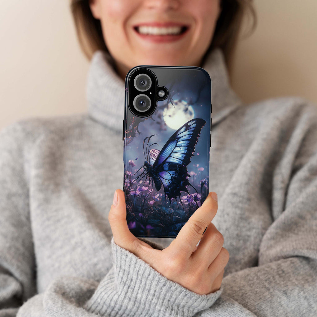 Gothic Butterfly Phone Case, Pink Flowers & Moon Design, Dark Fantasy Mystic Art Phone Cover for iPhone 16, Samsung S25, Pixel 9, 463.8