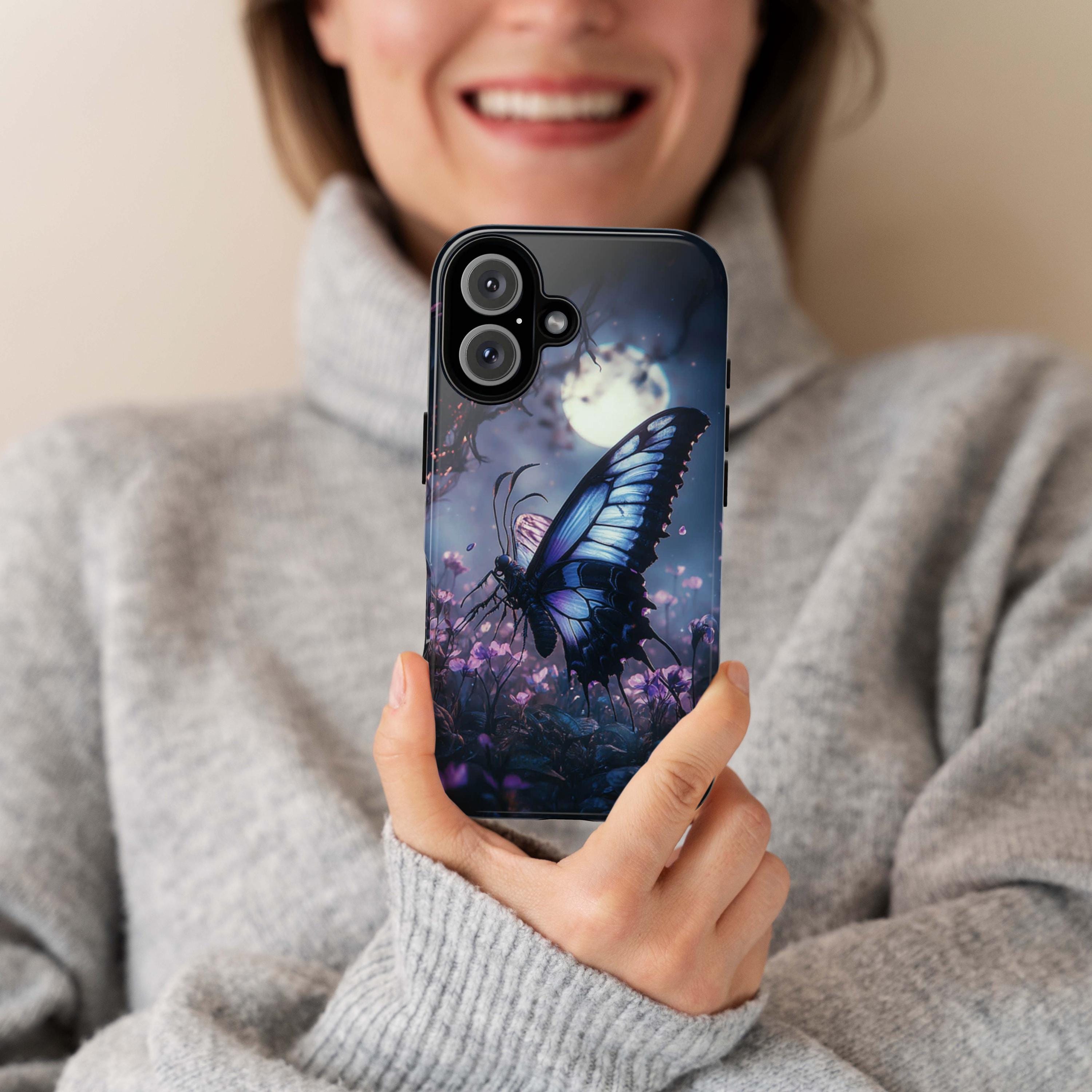 Gothic Butterfly Phone Case, Pink Flowers & Moon Design, Dark Fantasy Mystic Art Phone Cover for iPhone 16, Samsung S25, Pixel 9, 463.8
